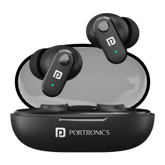 Portronics Harmonics Twins s16 Smart wireless TWS earbuds| earbuds with noise cancelling online| Bluetooth earbuds with mic| best earbuds at affordable price| latest earbuds online. Black