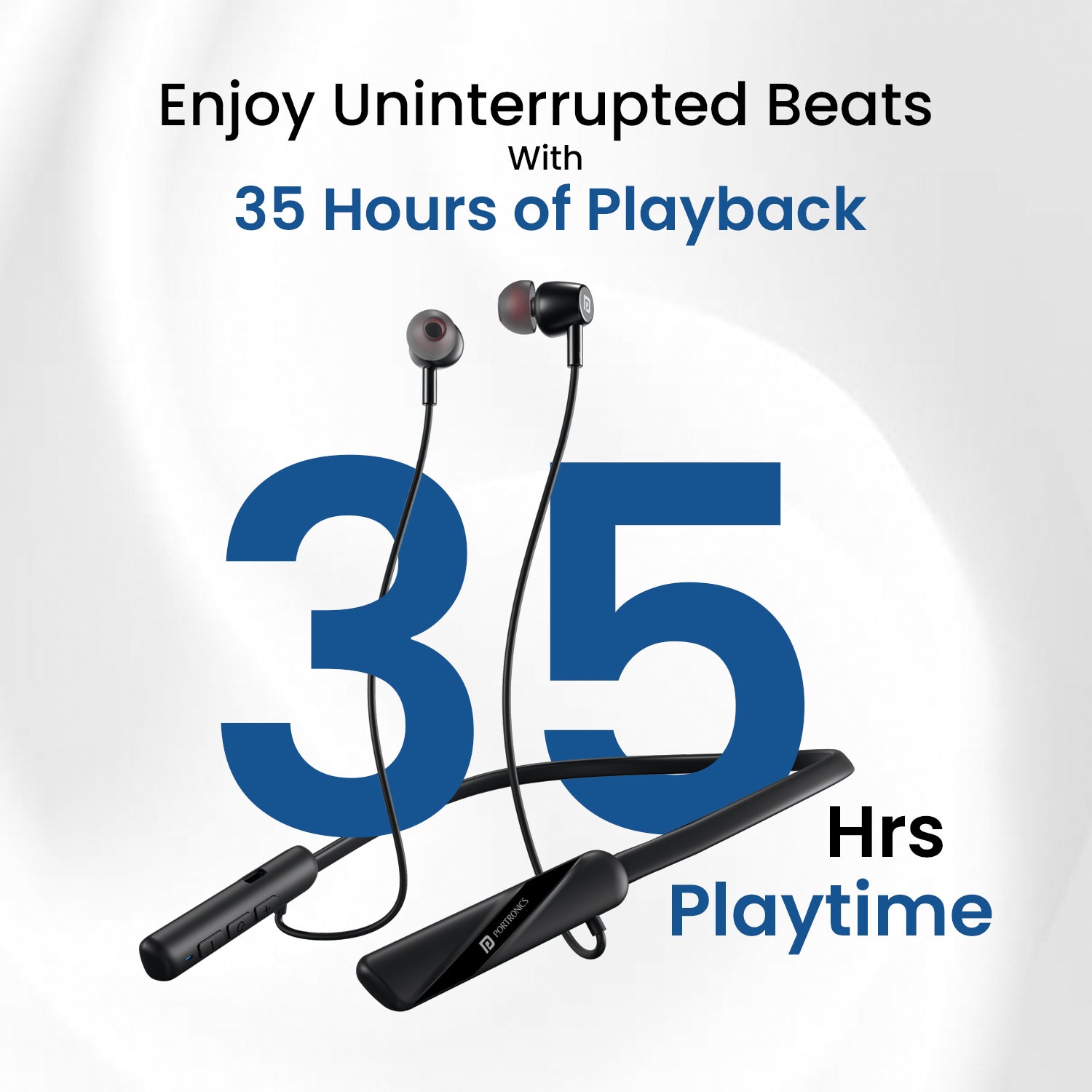 Black Portronics Harmonics Z10 wireless neckband eaarphones has 35hr playtime to enjoy your music uninterrupted