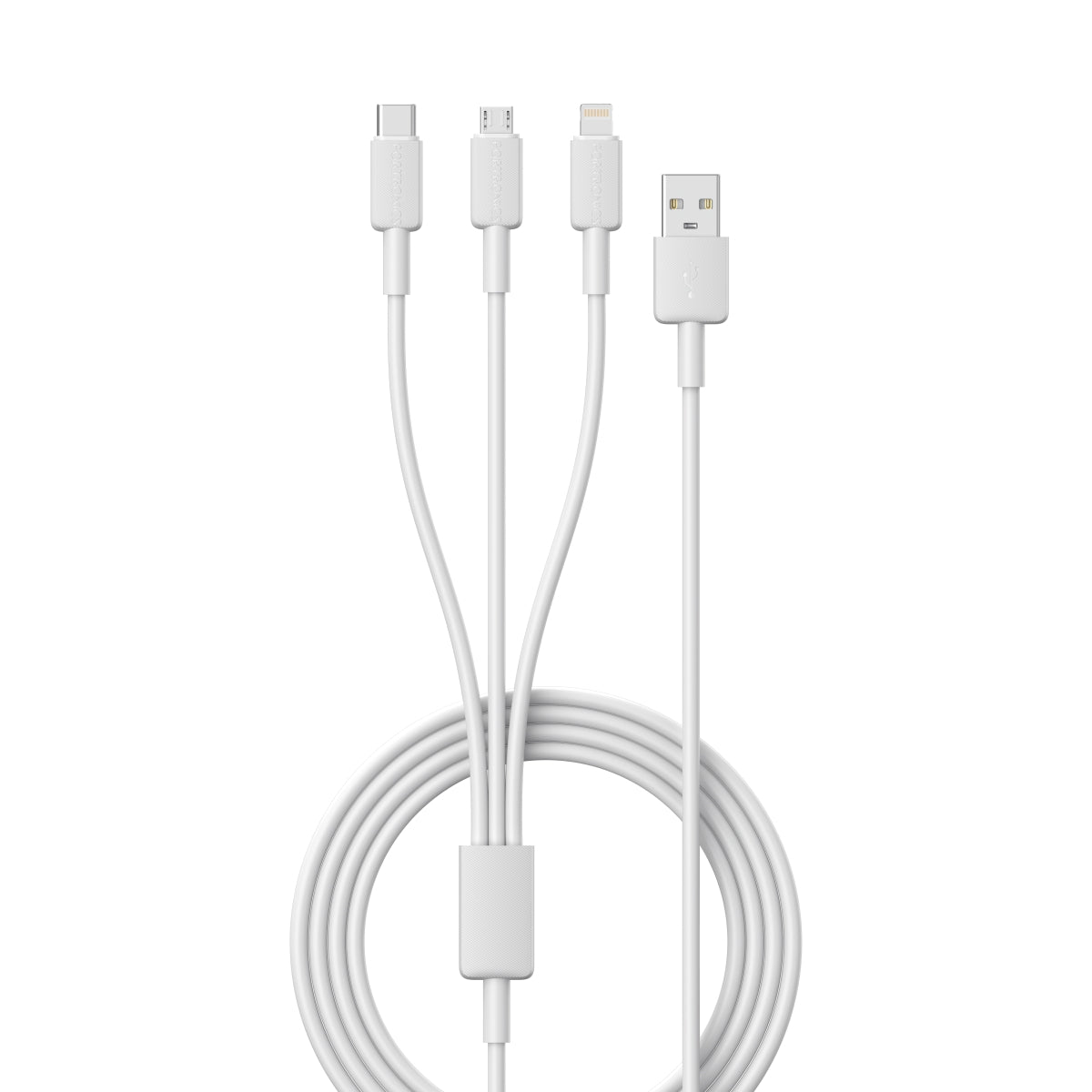 White| Simplify charging with Portronics Konnect Link 3. Connect Lightning, Micro USB, and Type-C devices with this compact, tangle-free 3-in-1 cable. Efficient and convenient charging solution