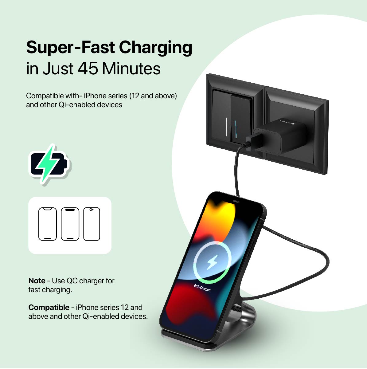 Portronics freedom 15 plus Black wireless charging pad with super fast charging