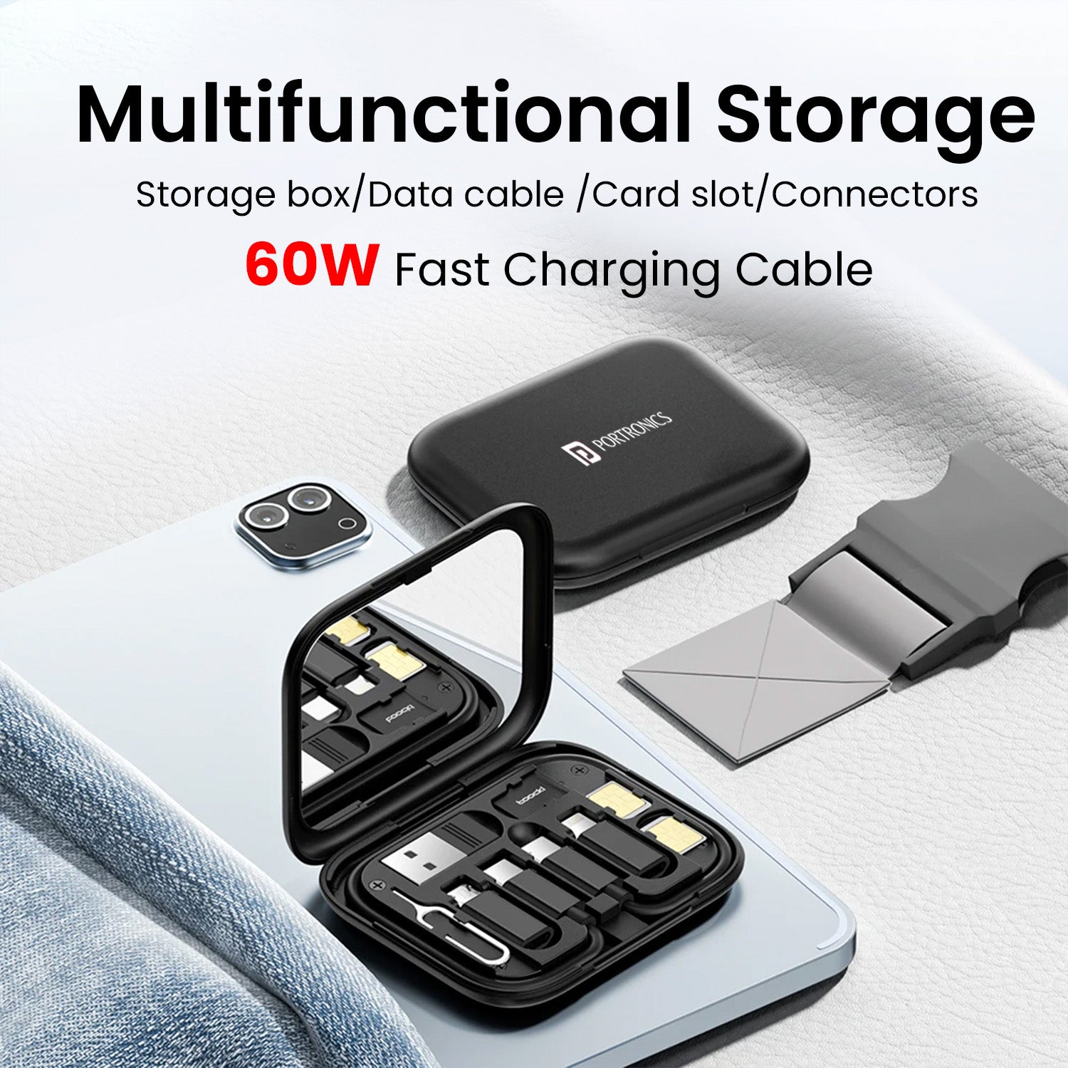 Portronics Snapcase multifunctional storage| 60W Fast Charging | Compact Storage |Multiple Connectors | Portable Mirror 