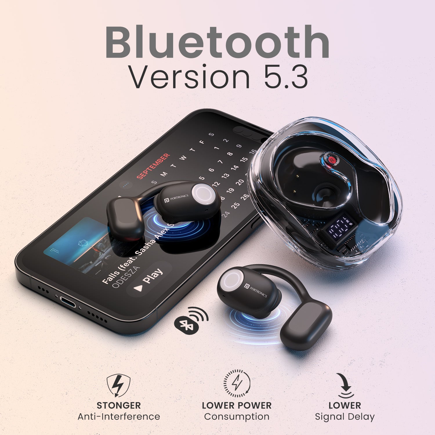 Black  Portronics harmonics twins 30 open-ear best bluetooth earbuds come with latest bluetooth 5.3v
