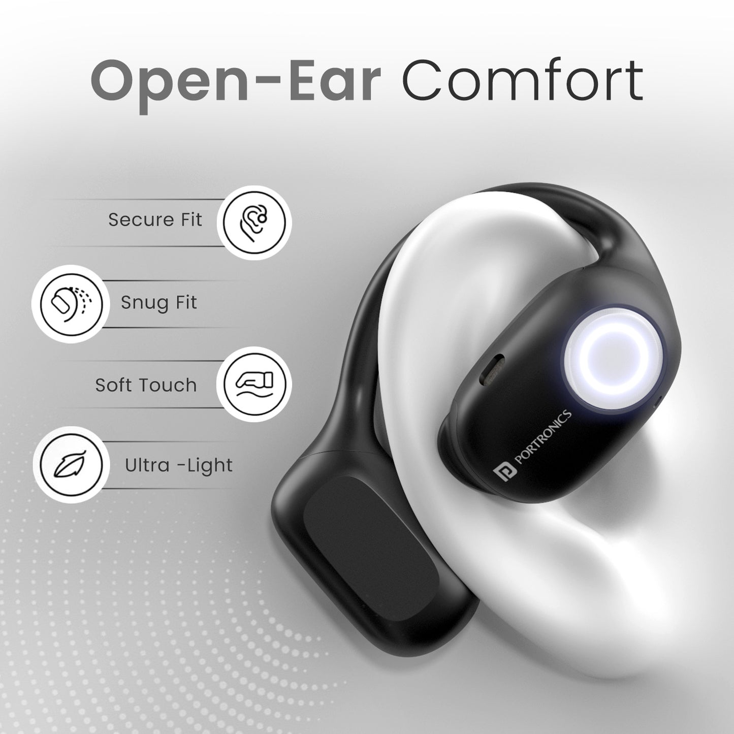 Black Portronics harmonics twins 30 open-ear earbuds has ear comfort for long time uses