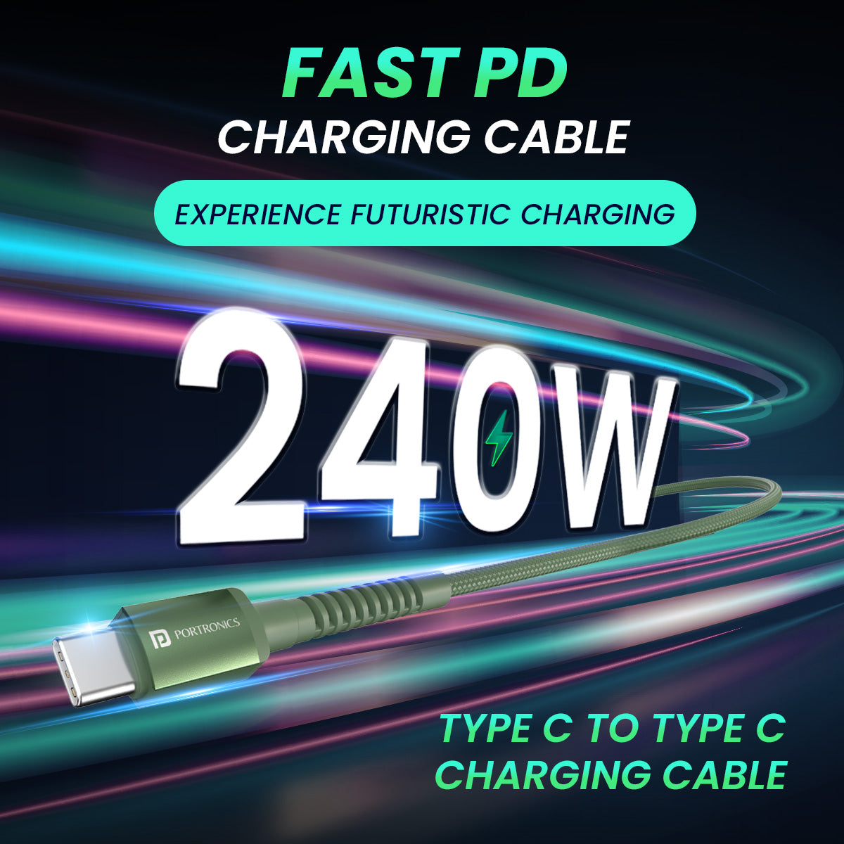 green Portronics Konnect X 240W fast Charging cable| 240W Charging Cable| Type-C to Type-C cable| pocket friendly type c cable