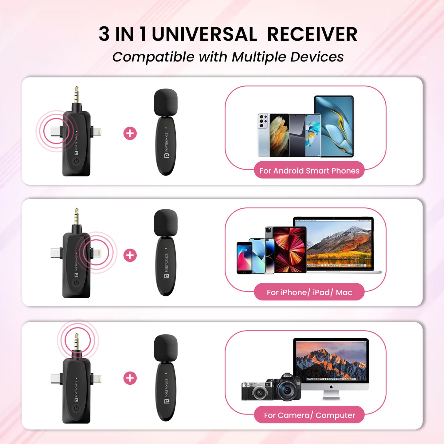 Portronics dash 5 omni direction wireless microphone and 3 in 1 universal receiver audio accessories. Black 
