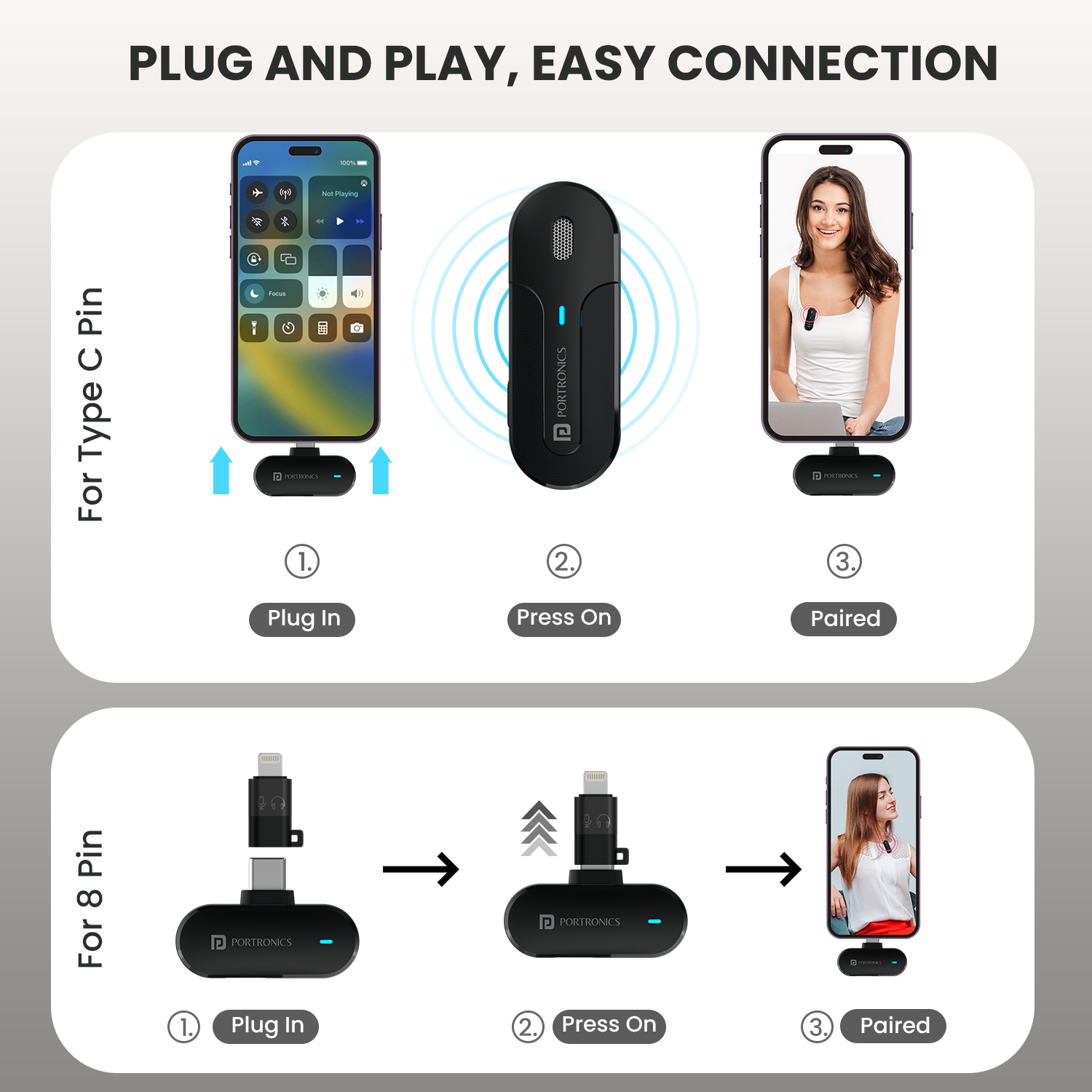 Portronics VlogMate 2 type c wireless microphone audio accessories with plug and play easy connection| 8 pin wireless microphone for iphone