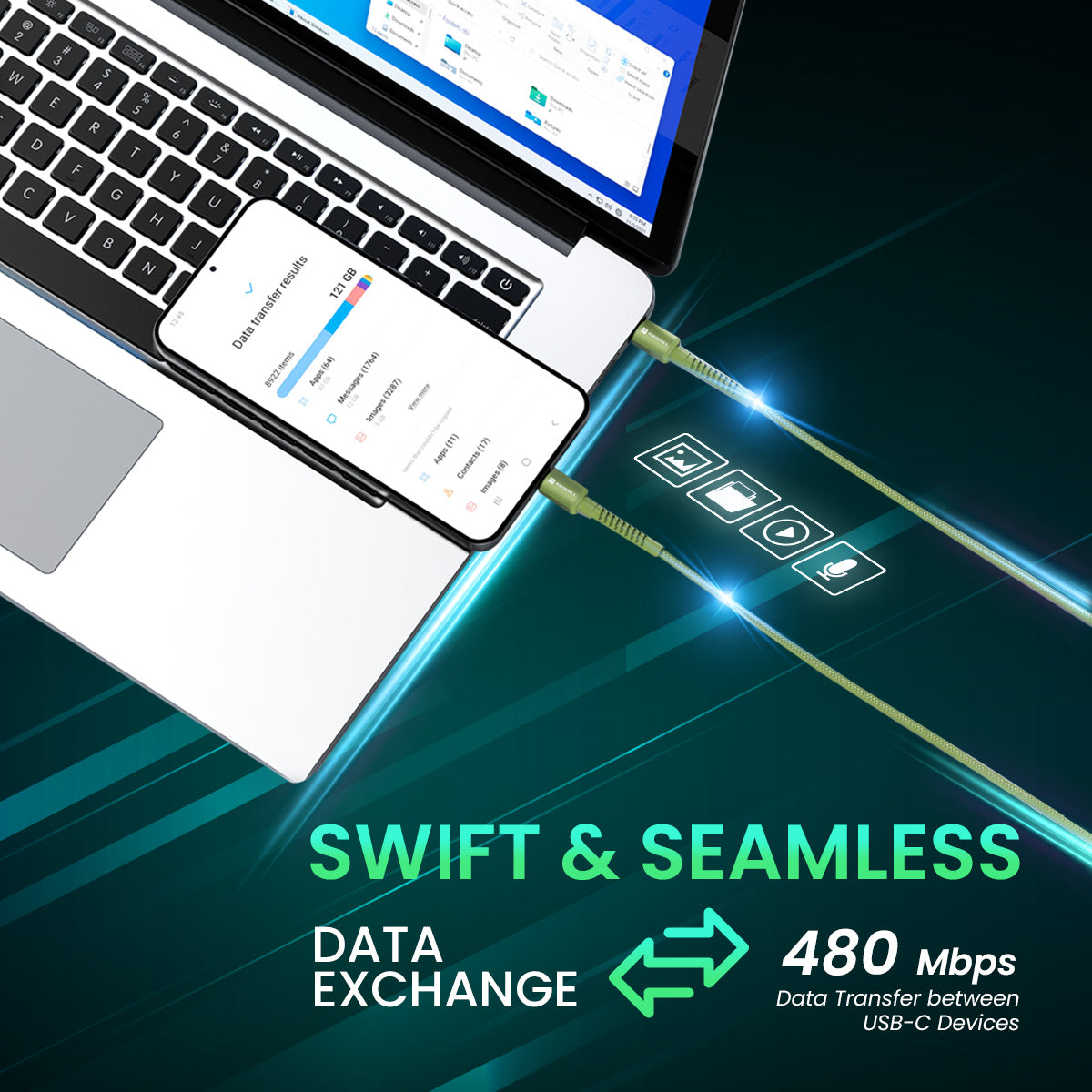 green Portronics Konnect X 240W fast Charging cable| 240W Charging Cable| type c to type c cable| data cable with 480mbps speed