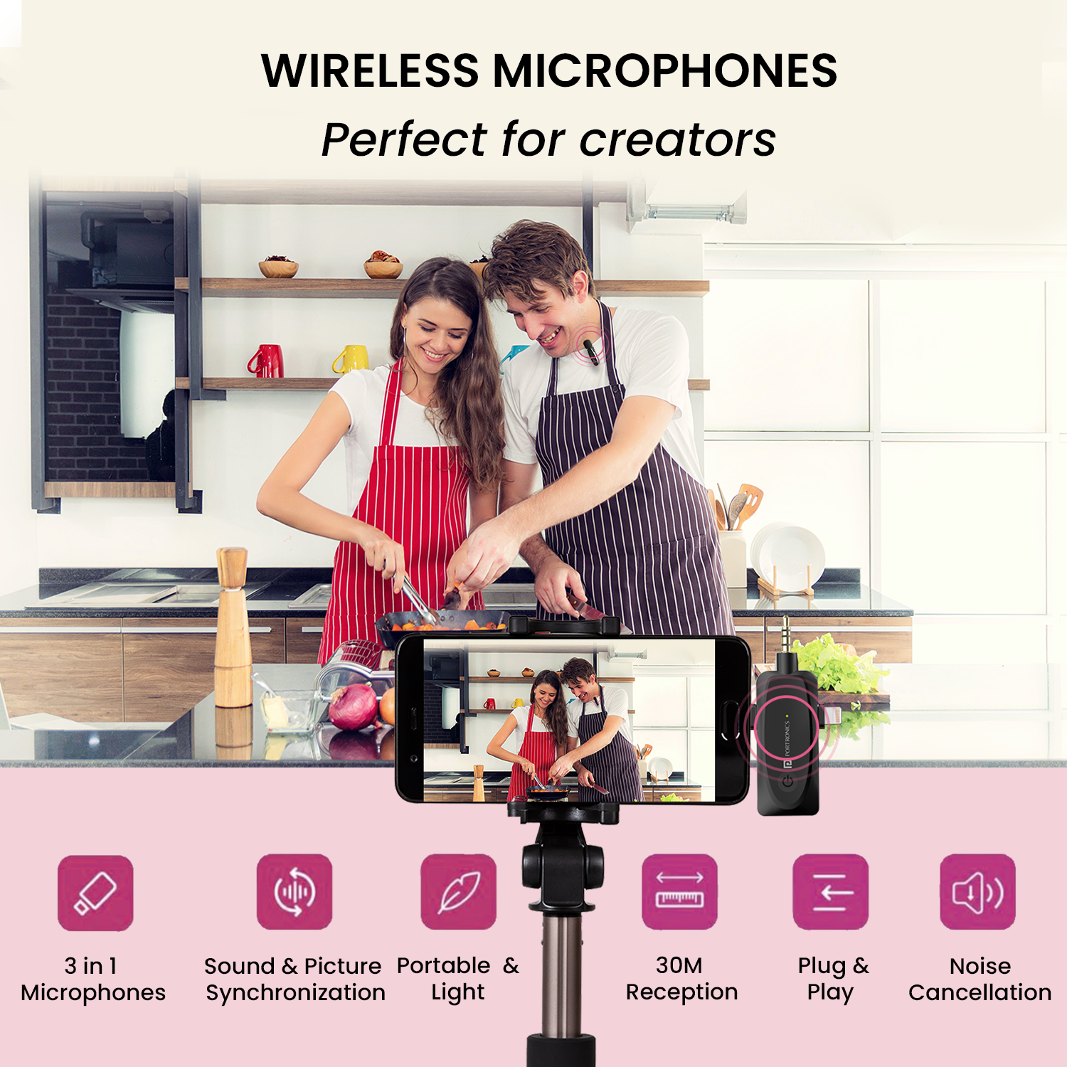 Portronics dash 5 omni direction  3 in 1 wireless microphone audio accessories. Black 