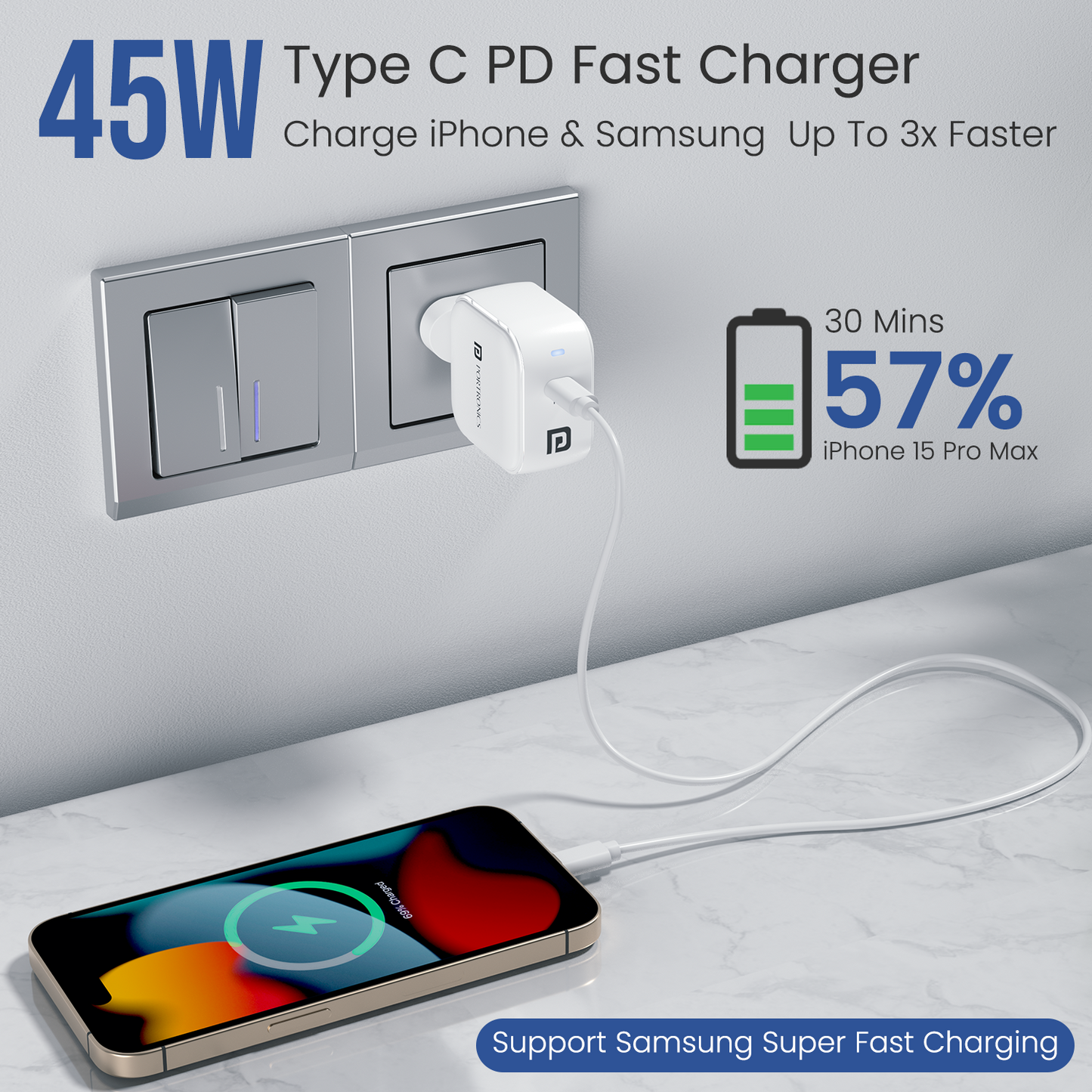 Portronics Adapto 45C USB Charger with 45W Power Delivery, Multi-Layer Safety Protection, and Wide Compatibility for Fast Charging
