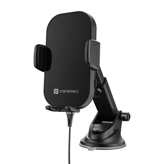 Black Portronics Clamp 3 car Mobile Holder with wireless car charger & 360-degree rotational
