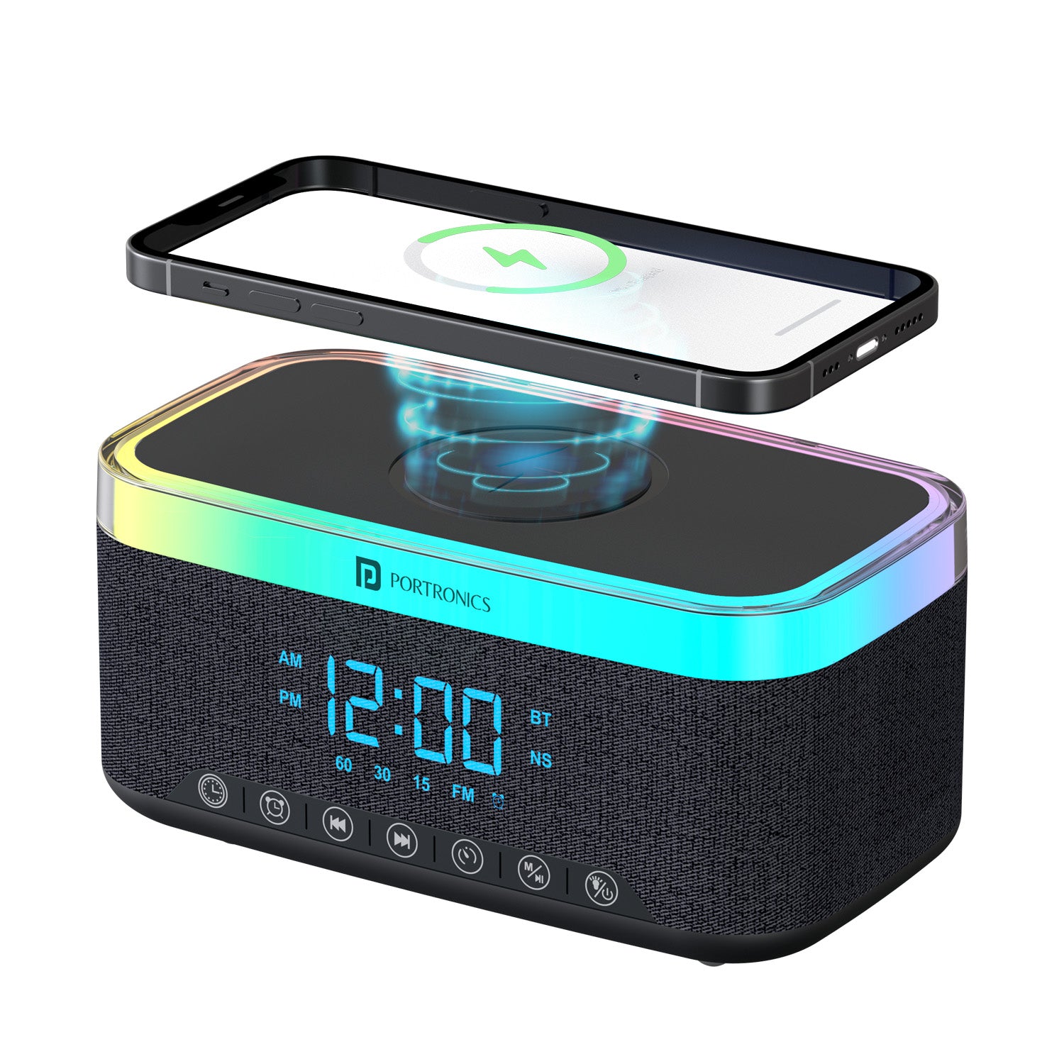 Portronics TriFusion portable bluetooth speaker with digital alarm clock and wireless charging pad| portable wireless speaker online at best price