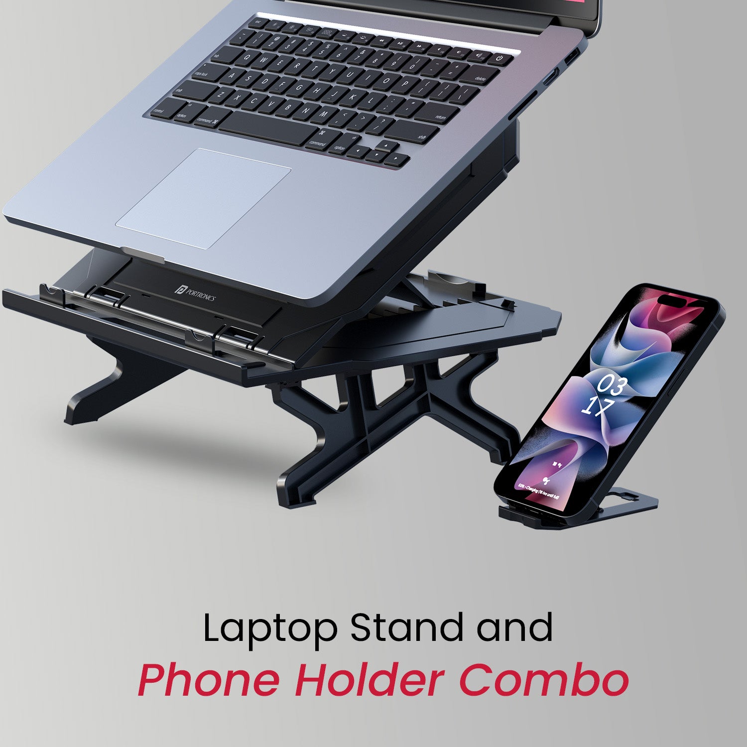 blue Portronics My Buddy Hexa 33: Portable Laptop Stand with Phone holder