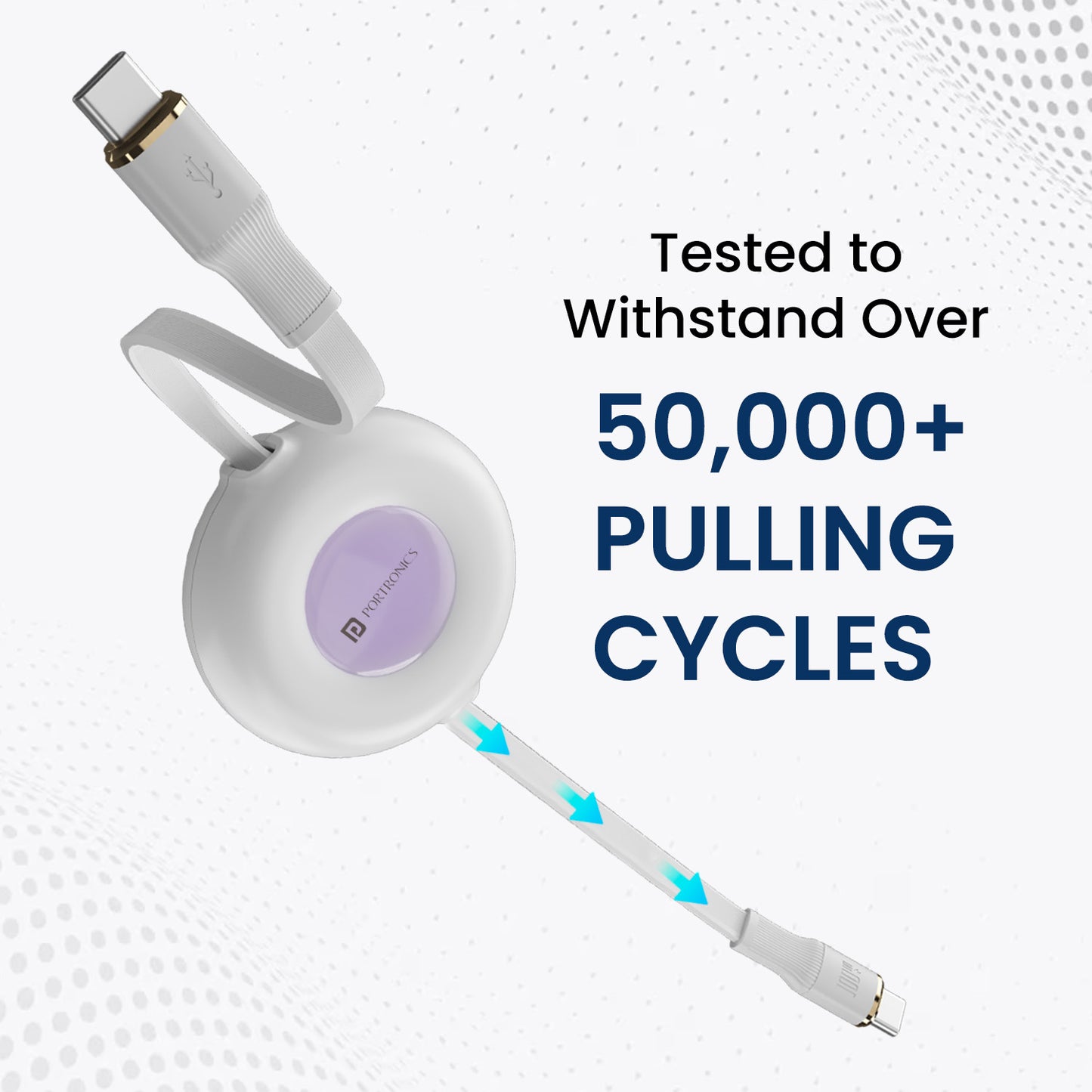 White| Portronics Konnect Recoil - 100W fast Charging cable| 100W Retractable Charging Cable| Type-C to Type-C cable| White data cable