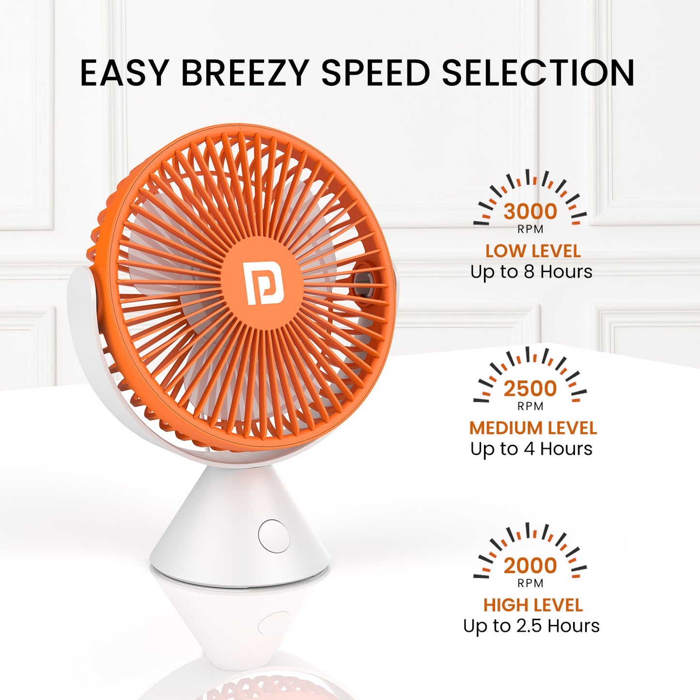 Orange Portronics Aero Brezee 360 degree portable desk cooling fan with 8hr running time and 3000rpm
