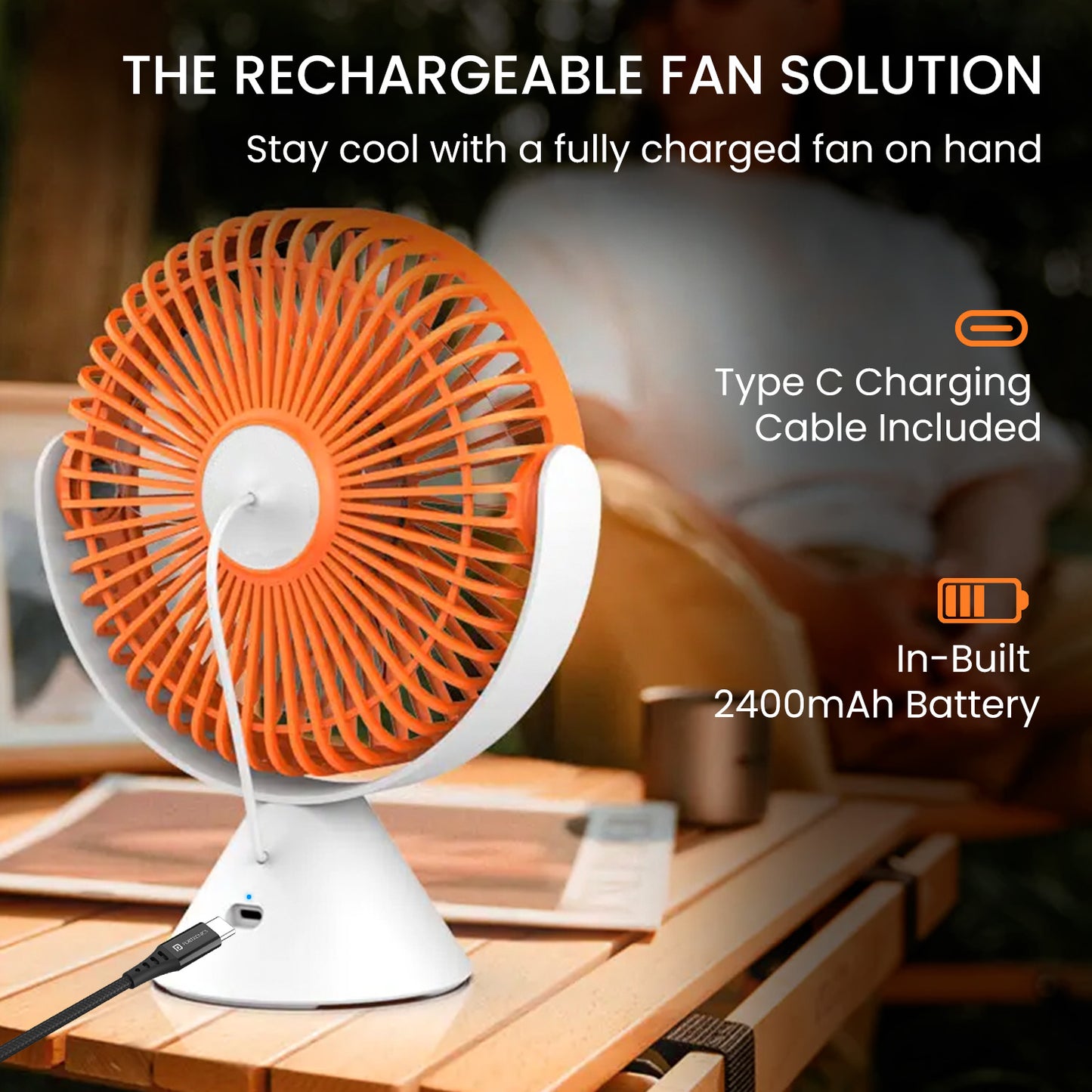 Orange Portronics Aero Brezee 360 degree portable desk cooling fan with type c charging and 2400mah in battery