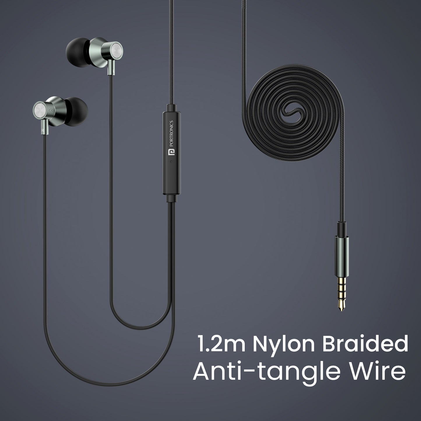 Black Portronics conch tune A wired headset earphone comes with 1.2m anti-tangle wire