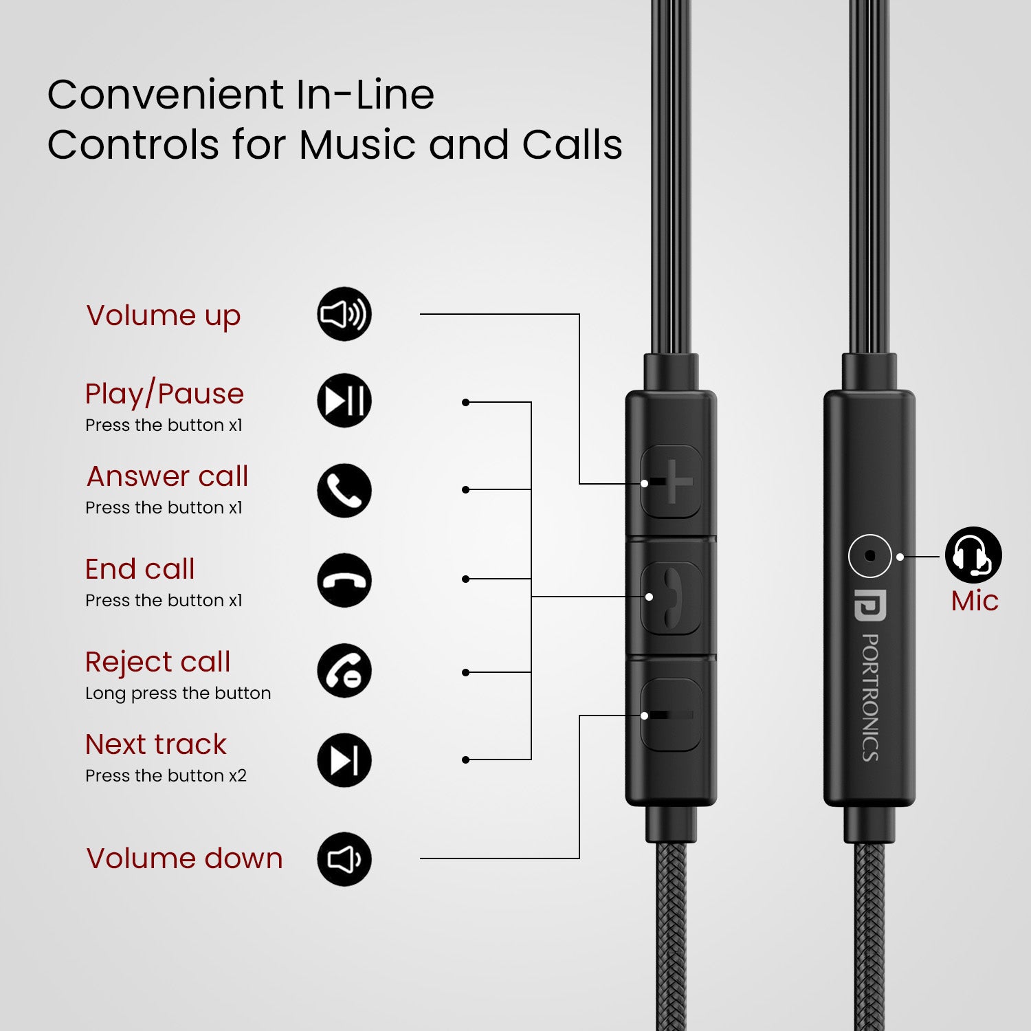 Black Portronics conch tune A wired earphone and wired headset comes with volume and call button.