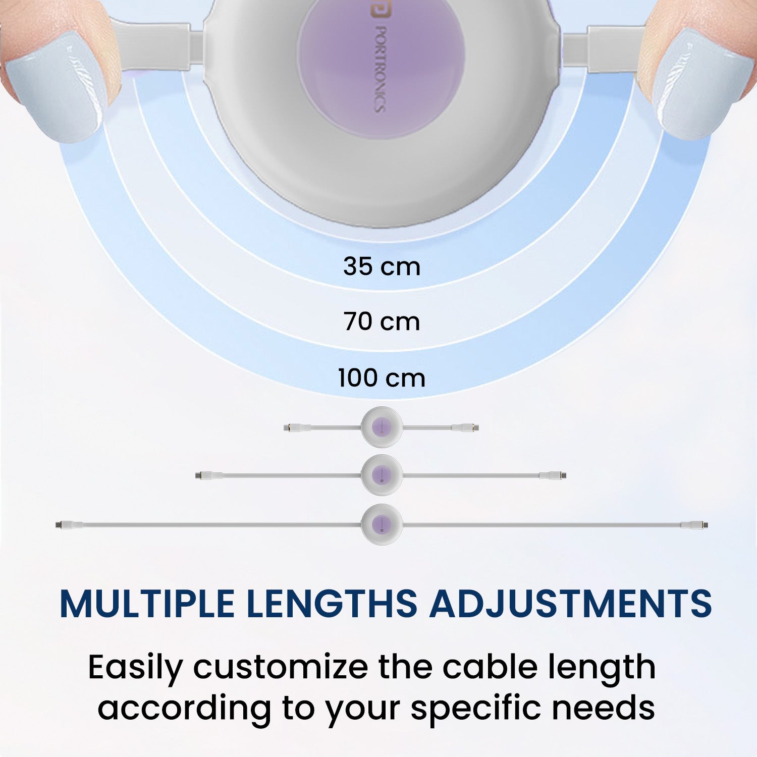 White| Portronics Konnect Recoil - 100W fast Charging cable| 100W Retractable Charging Cable| type c to type c cable with multiple length adjustments