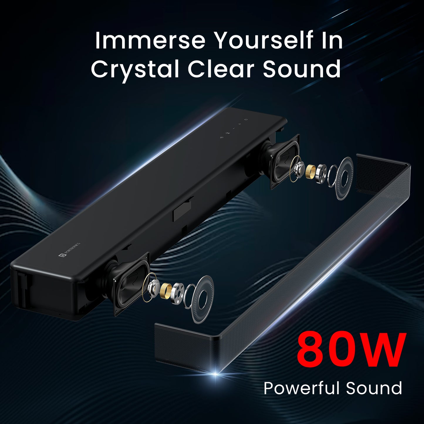 Portronics sound slick 8 powerful 80W wireless soundbar for home with crystal clear sound. Black