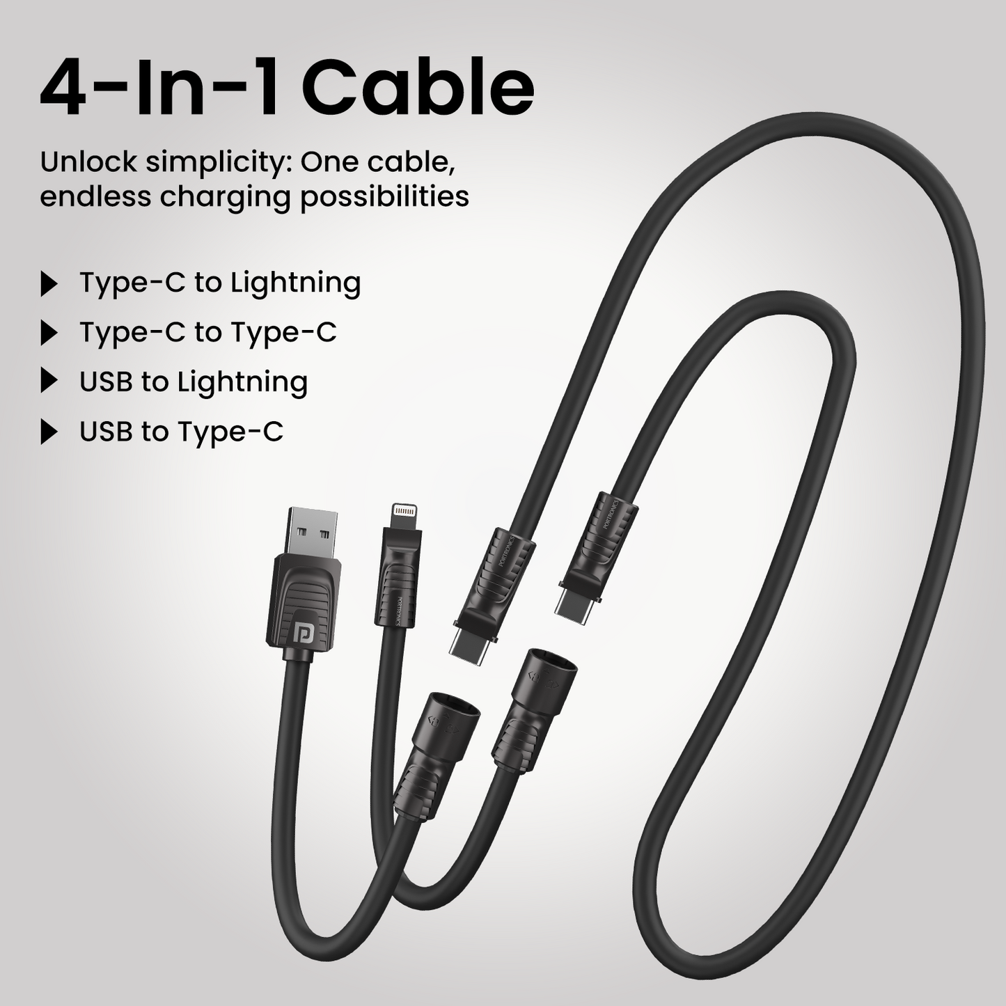 Black Portronics Konnect Tetra 4 in 1 type c to type c charging cable| type c to type c cable| usb cable to type c| 
