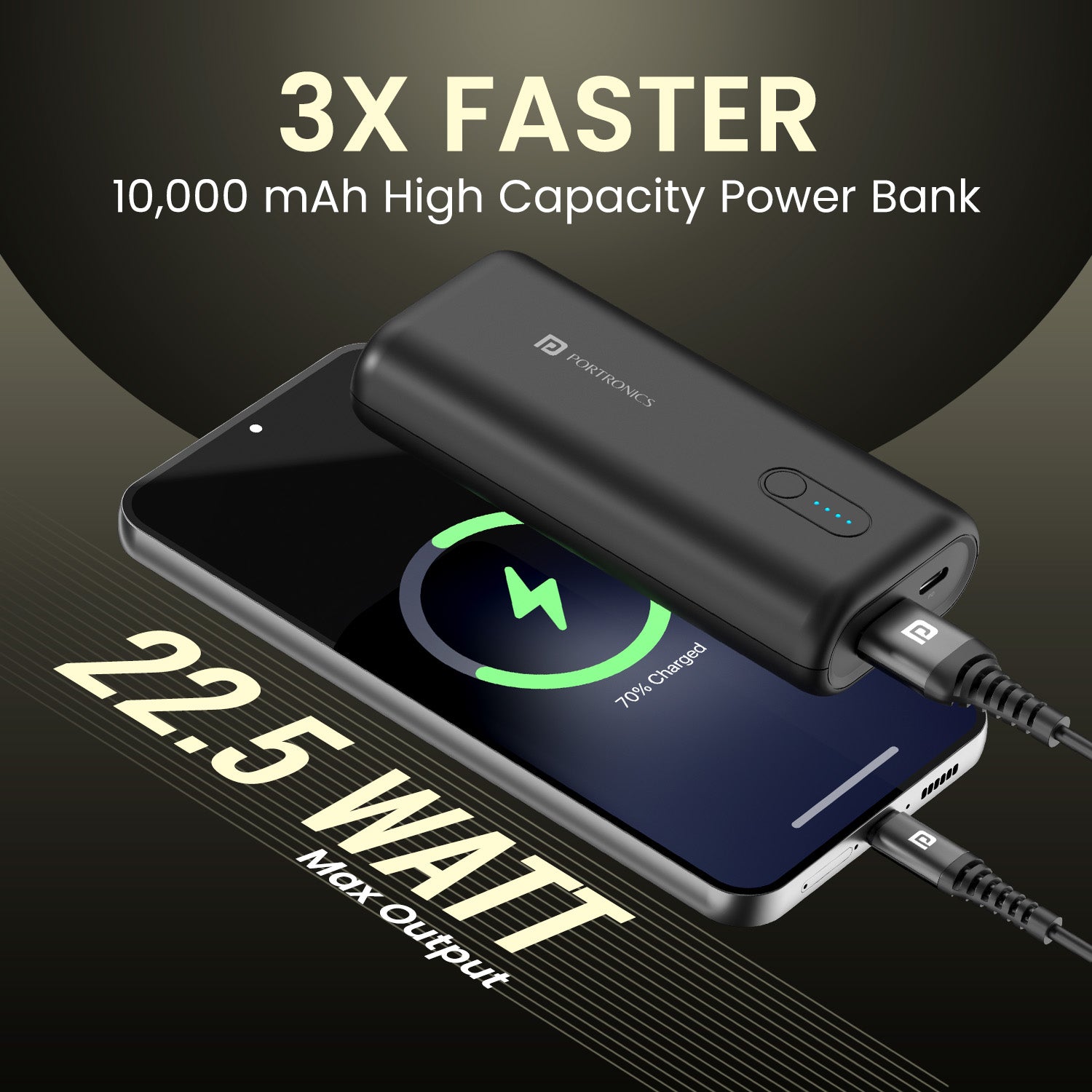 Black Portronics PowerPod 10K 10000mah Smallest Power Bank| 10000mah Power Bank with 22.5w output