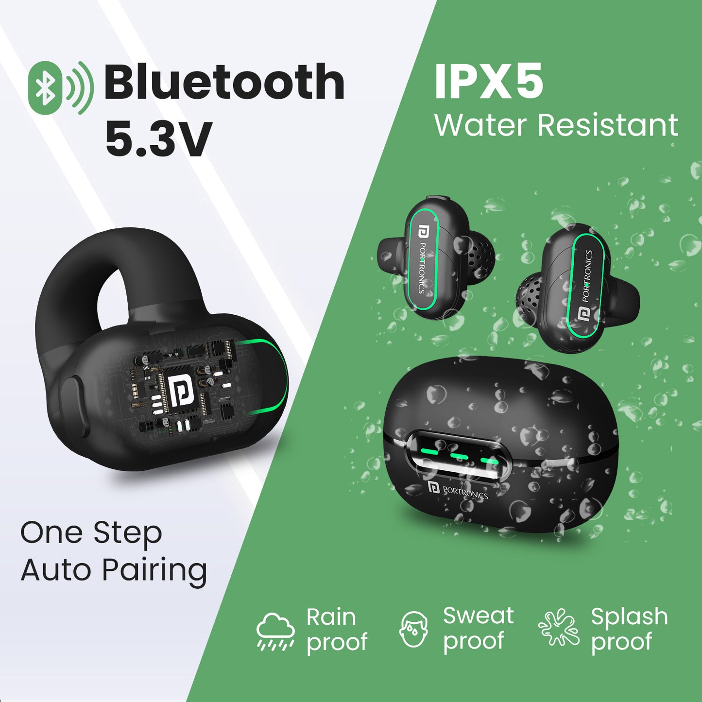 Black Portronics harmonics twins S15 open-ear best bluetooth earbuds come with latest bluetooth 5.3v and water resistant