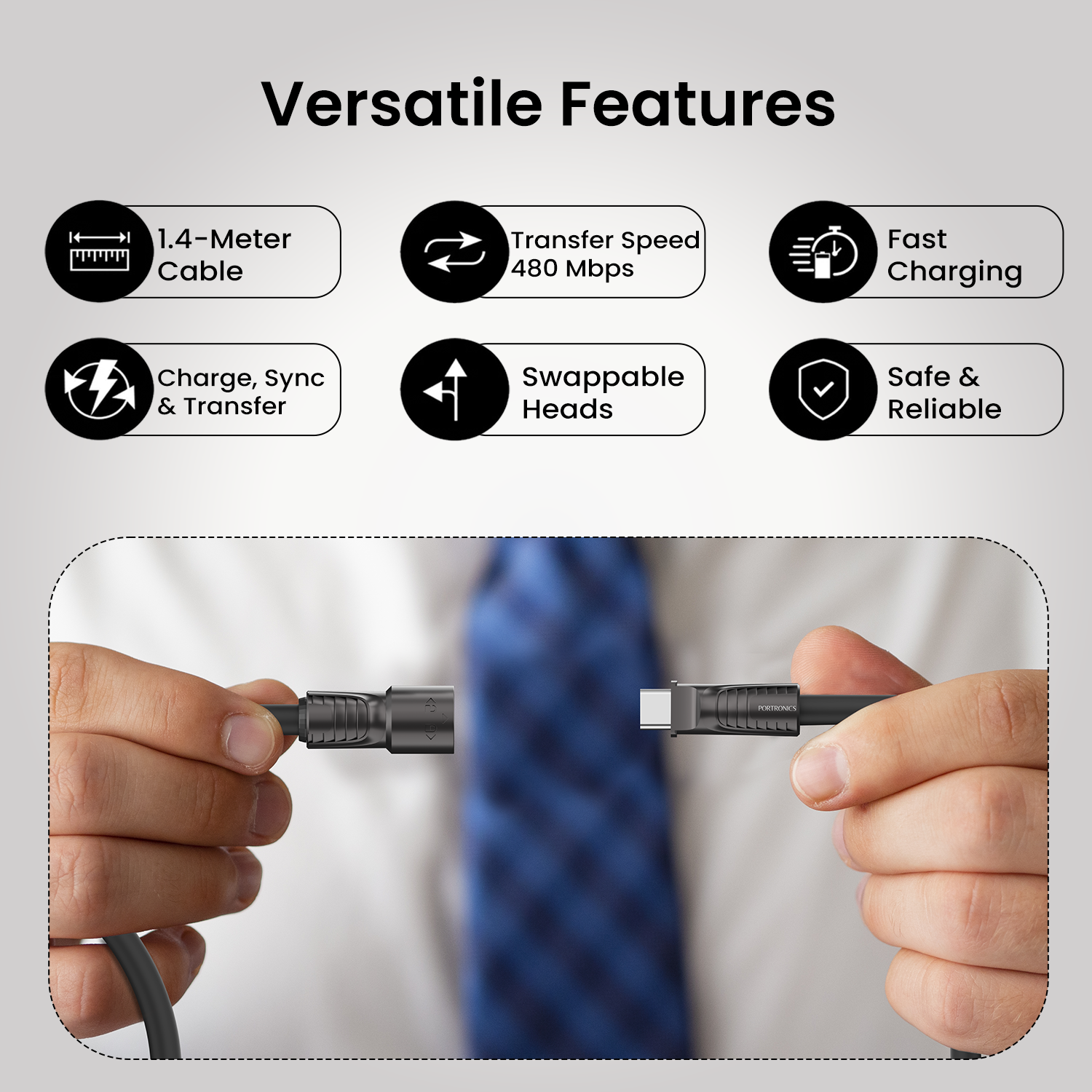 Black Portronics Konnect Tetra 4 in 1 usb to type c charging cable has versatile features