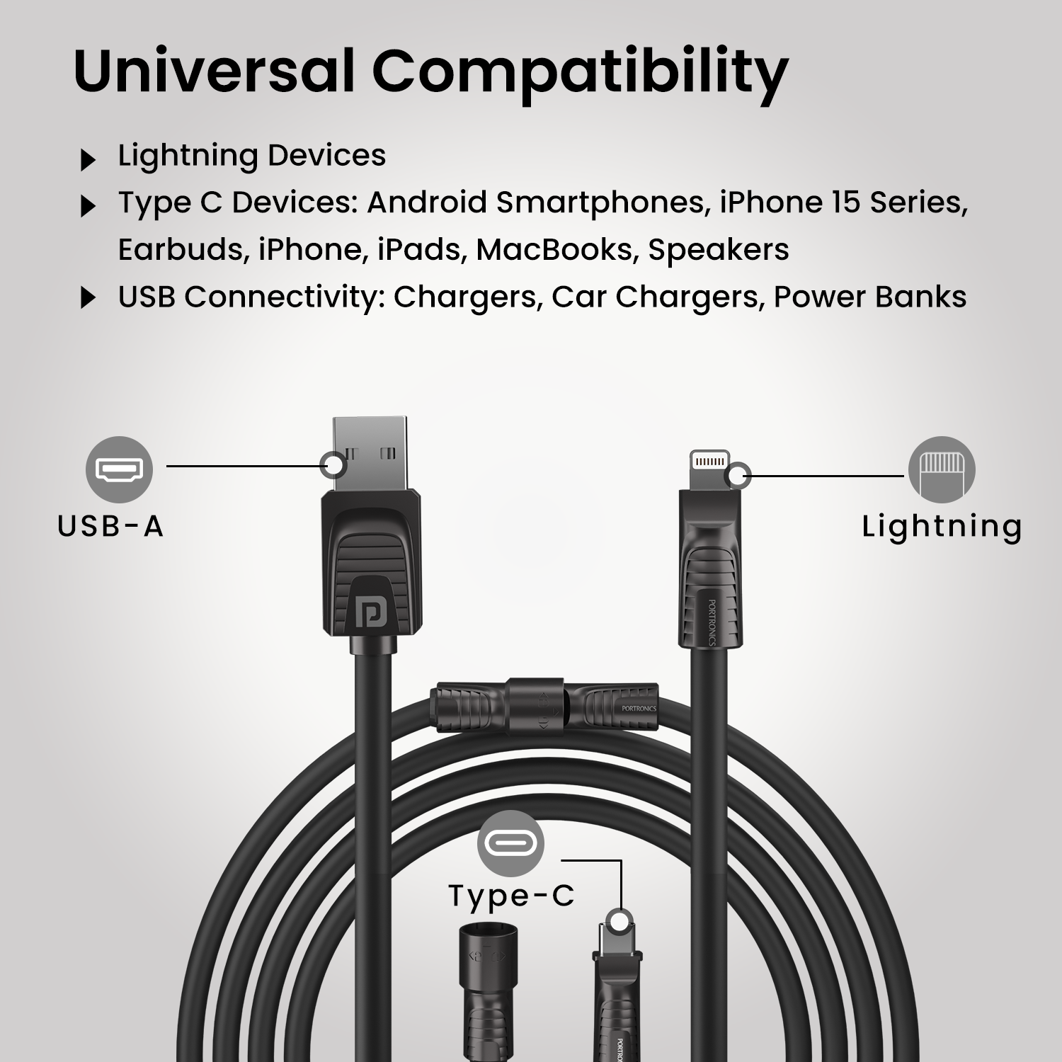 Black Portronics Konnect Tetra 4 in 1 type c to type c charging cable with universal compatibility for lightning devices