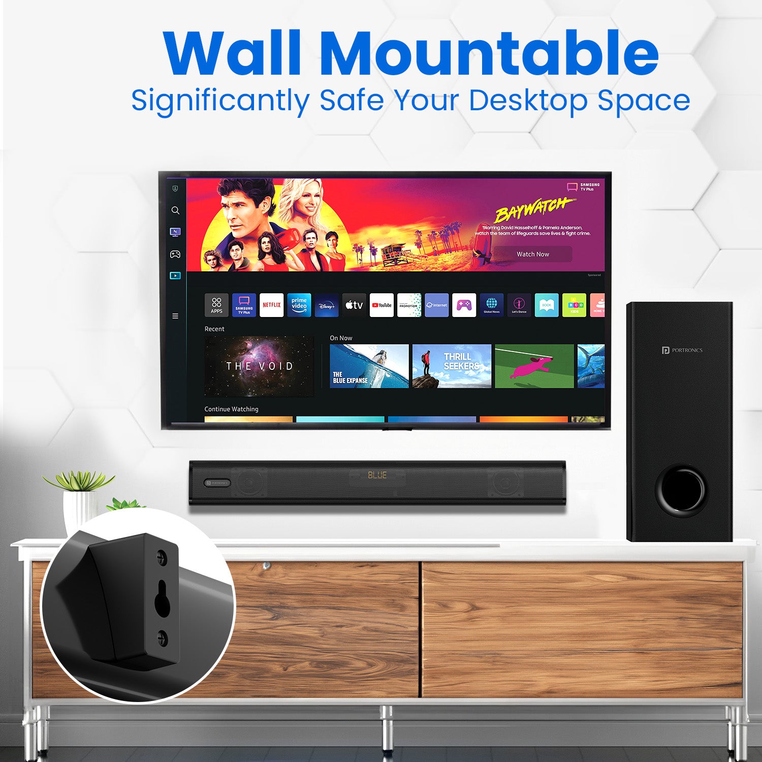 Black Portronics Pure Sound 106 120w Bluetooth sound bar comes with wall mount