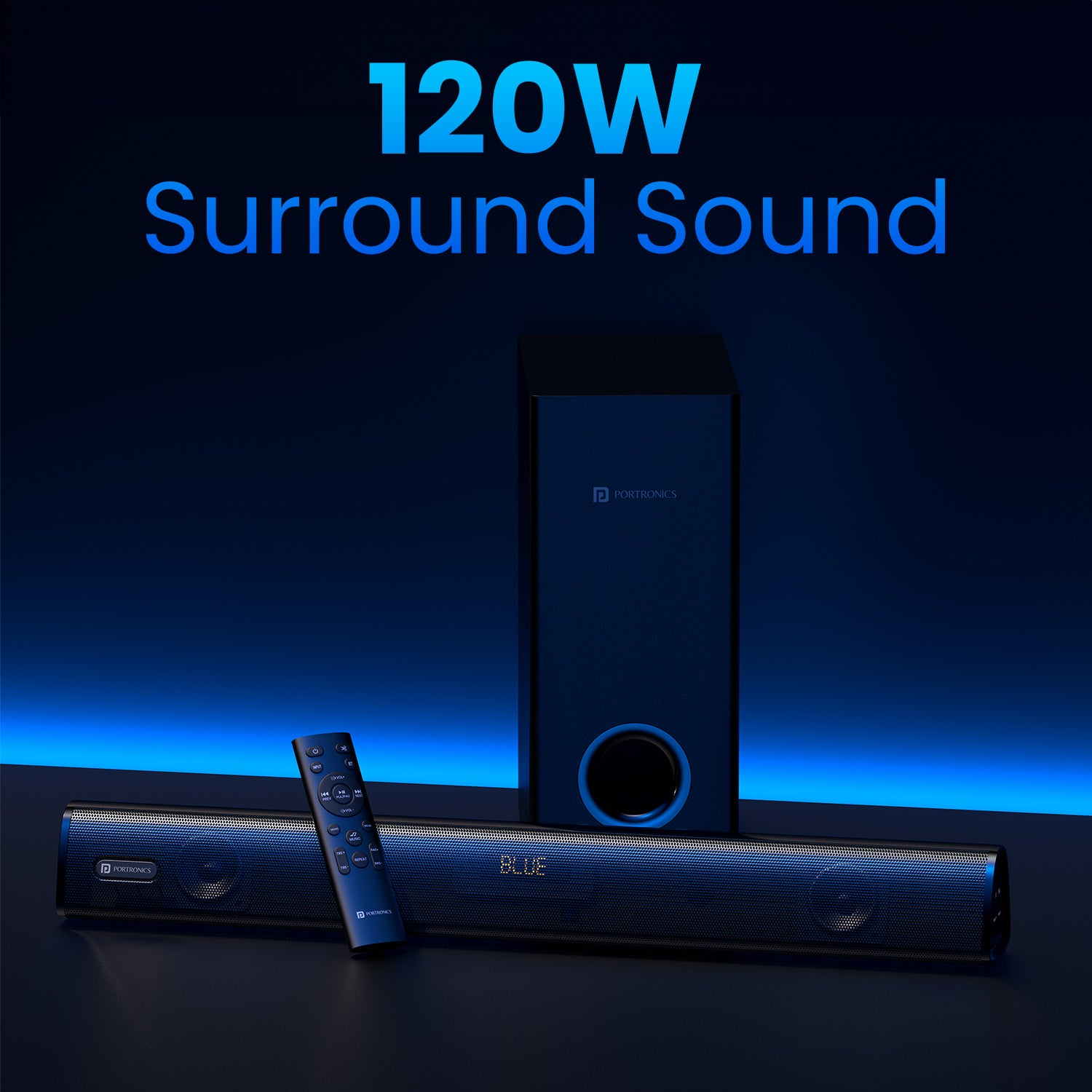 Black Portronics Pure Sound 106 Wired Subwoofer for home with 120W Wireless SoundBar bring home the stage