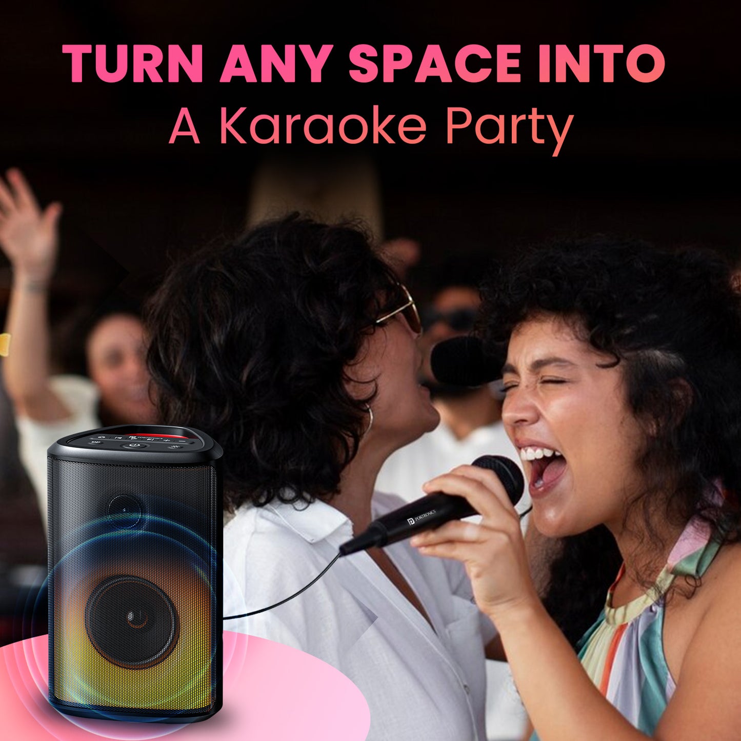 Black Portronics Dash 8 portable bluetooth party speaker comes with wired karaoke mic to sing your own song