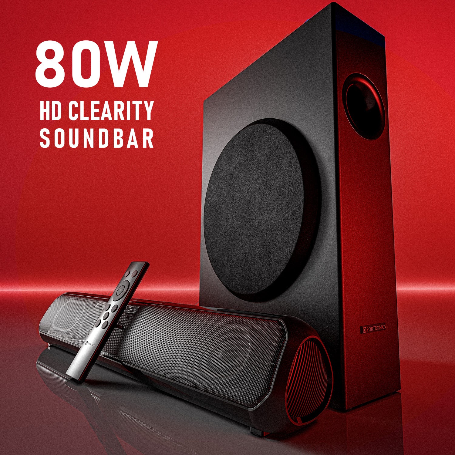 Portronics Pure Sound Pro 80w wireless soundbar with wired subwoofer for HD clear sound. black