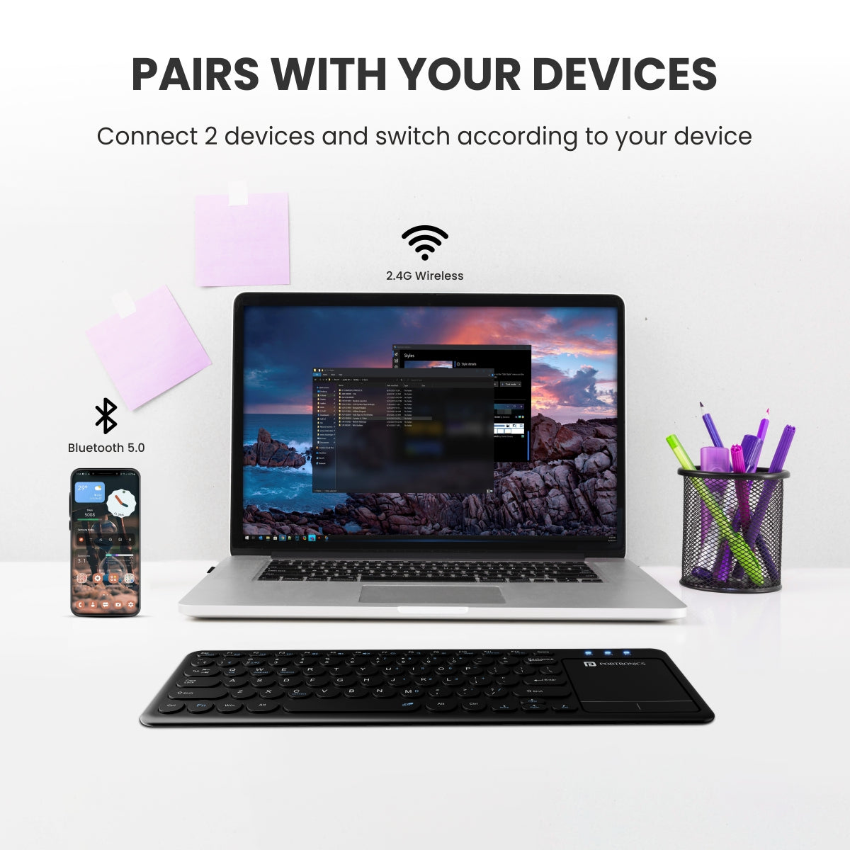 Black portronics bubble pro wireless keyboard with connect up to 2 devices