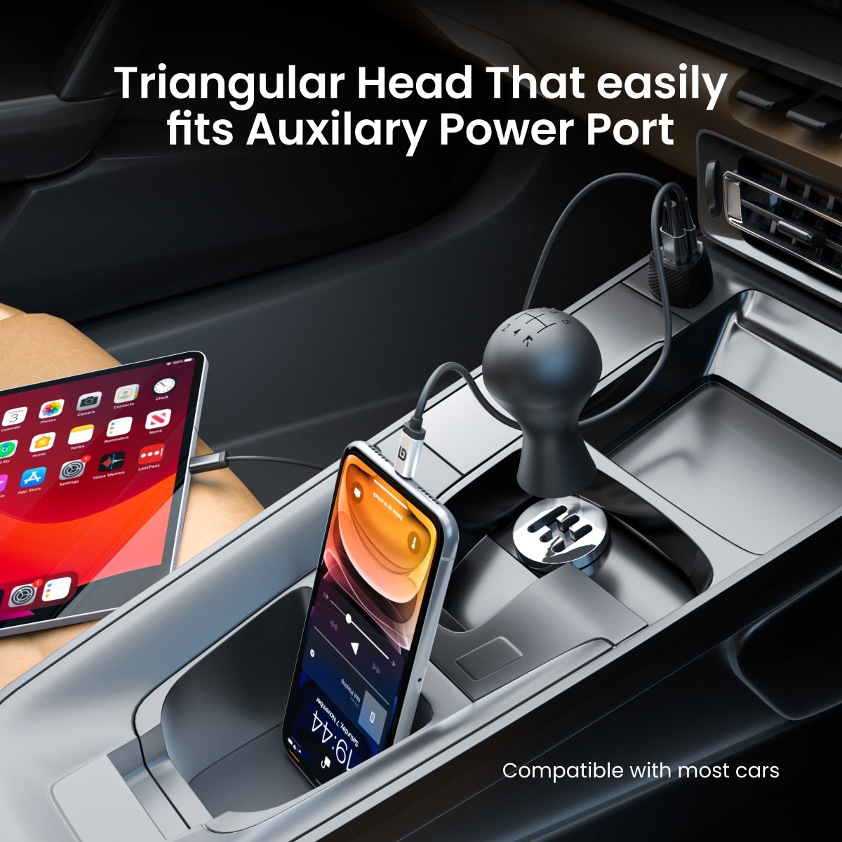 black car charger with triangular head that is easy to use 