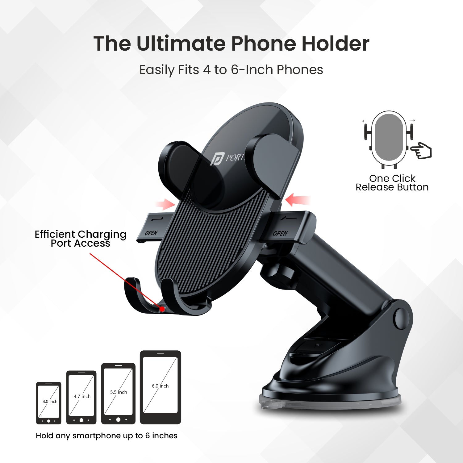 Black Portronics Clamp M3 car mobile holder fo 4 to 6 inch phones
