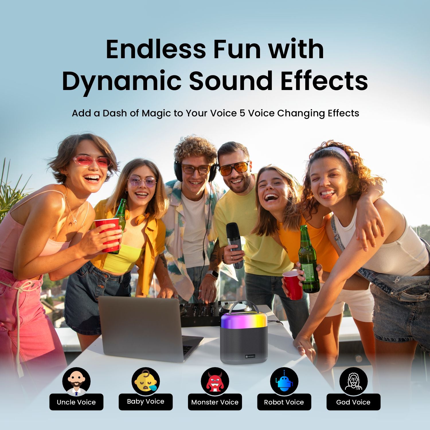 black Portronics Dash 3 portable bluetooth party speaker comes with 5 voice changing effects 