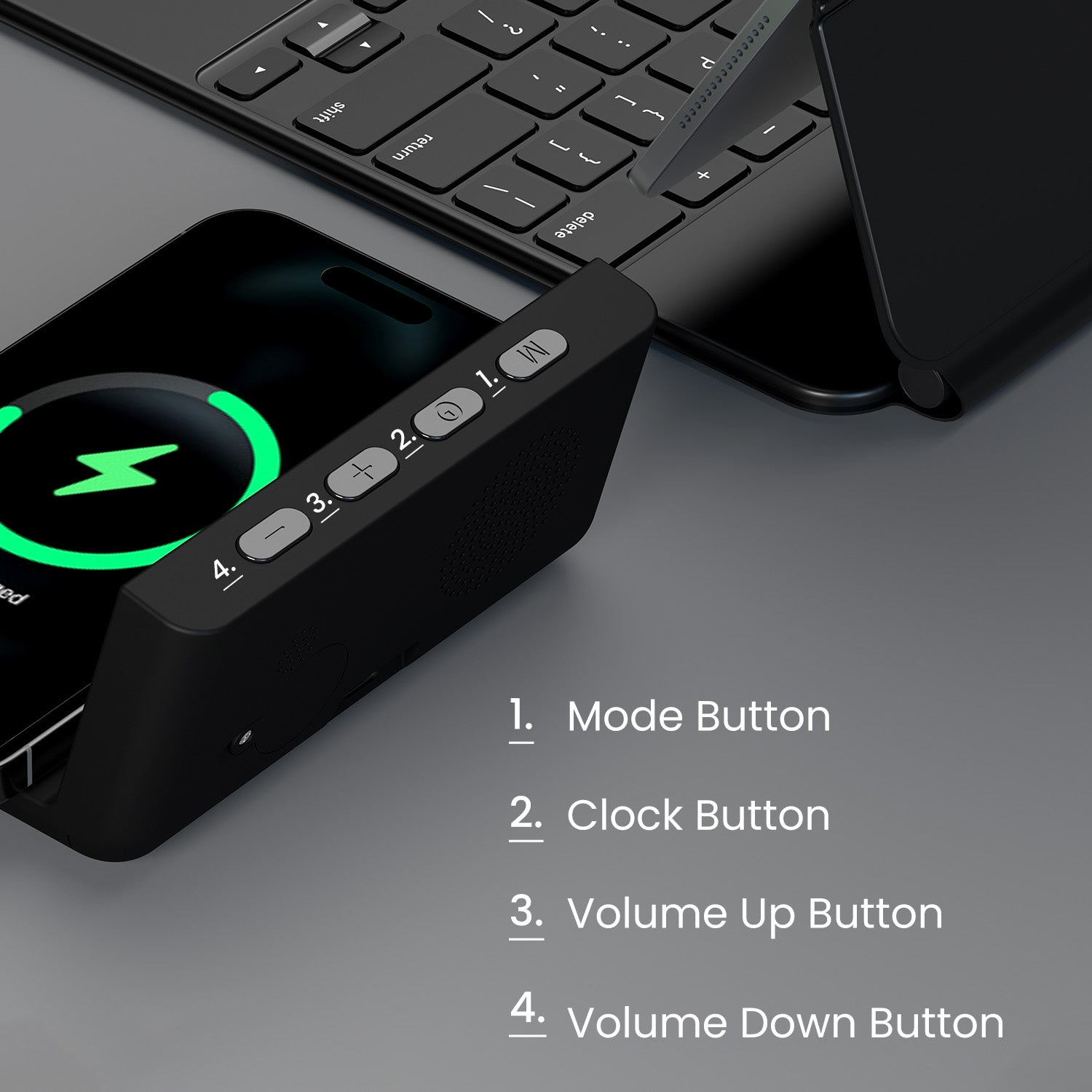 Black Best wireless charger in India under 1500, the Freedom 4A Portronics desktop wireless charger, combining fast wireless charging with an elegant digital clock design