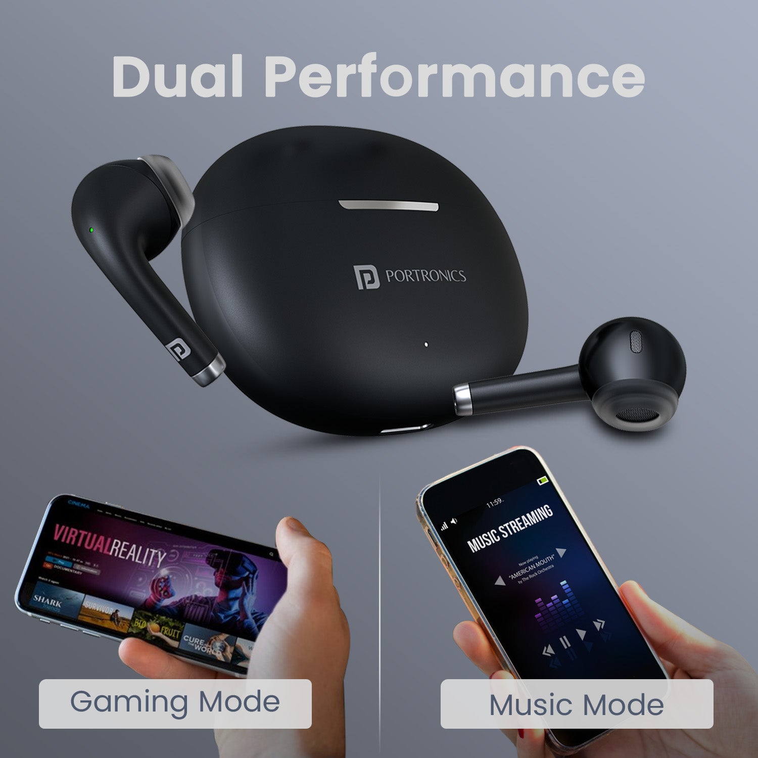 Black Portronics Harmonics Twins s19 TWS wireless bluetooth earbuds with dual mode features
