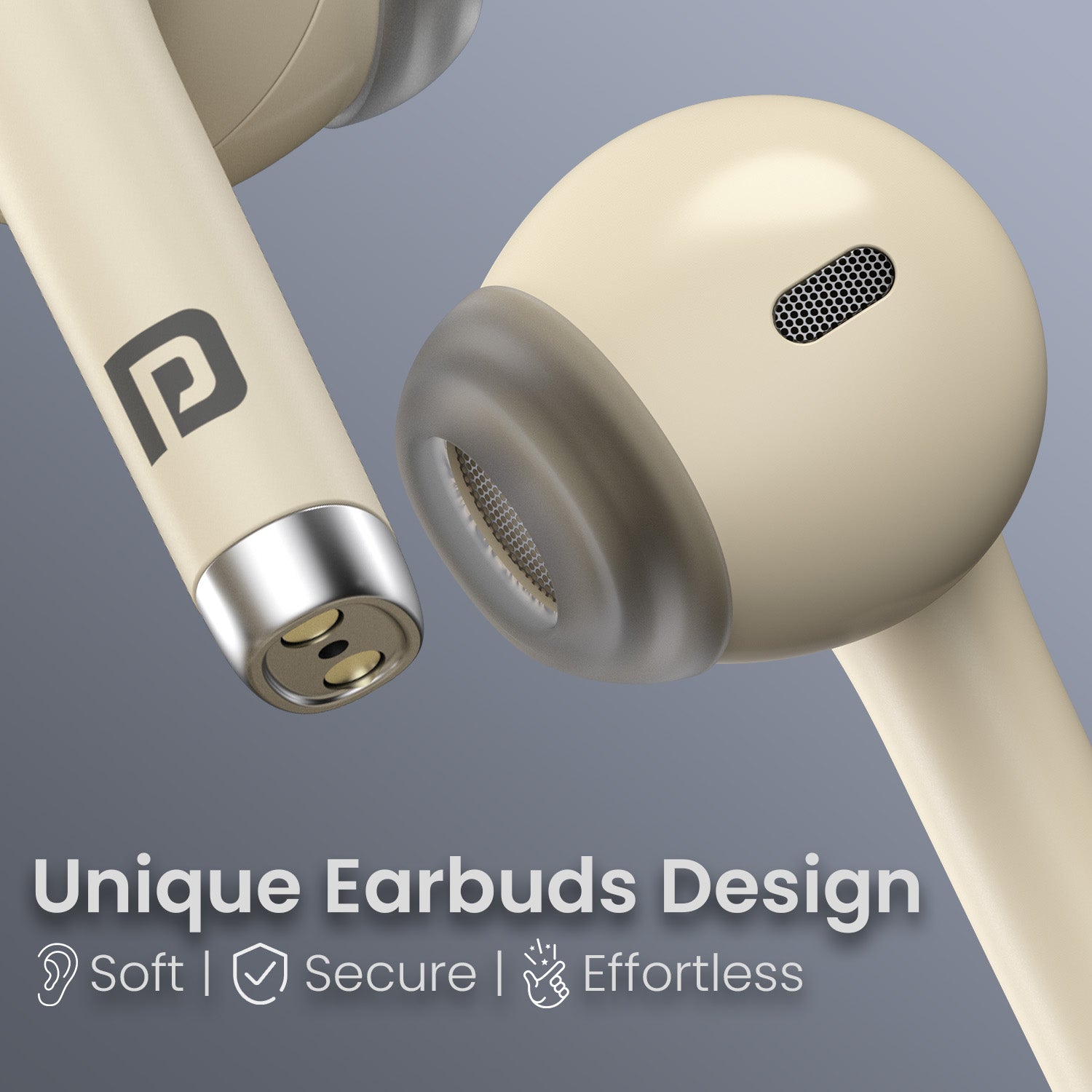 Beige Portronics Harmonics Twins s19 earbuds with active noise cancellation | Best TWS earbuds
