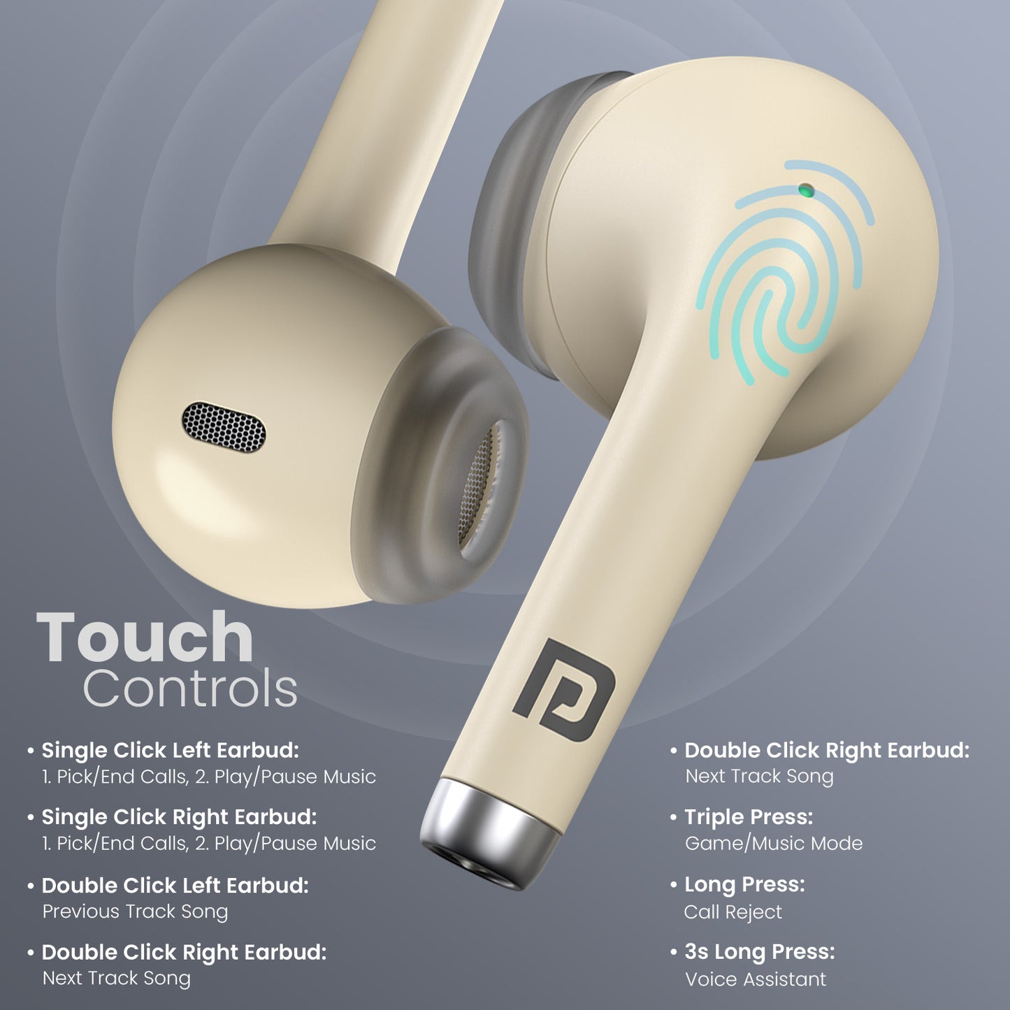 Beige Portronics Harmonics Twins s19 wireless best earbuds| earbuds with Soft Touch Control