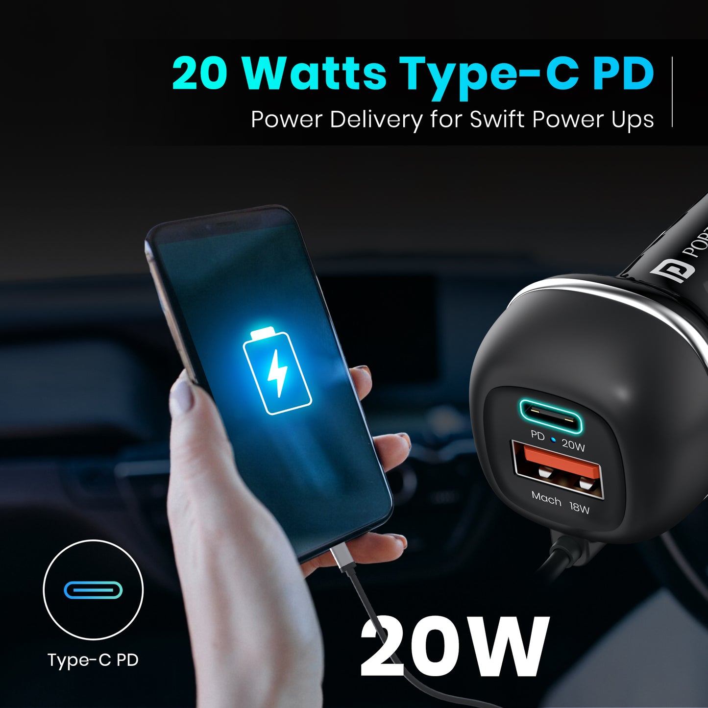 Black Portronics Car Power 1C car charger with triple port usb hub| best car accessories| 20w pd car charging hub