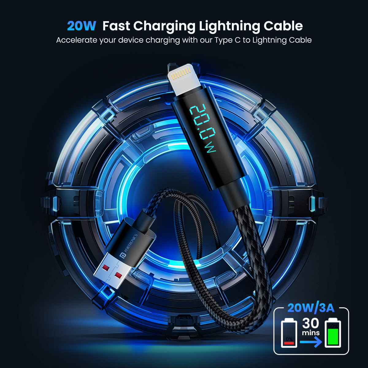 Black Portronics Konnect View - USB-A to 8 Pin Display Cable|  Fast charging Cable for Iphone| 20w fast charging cable| lighting cable