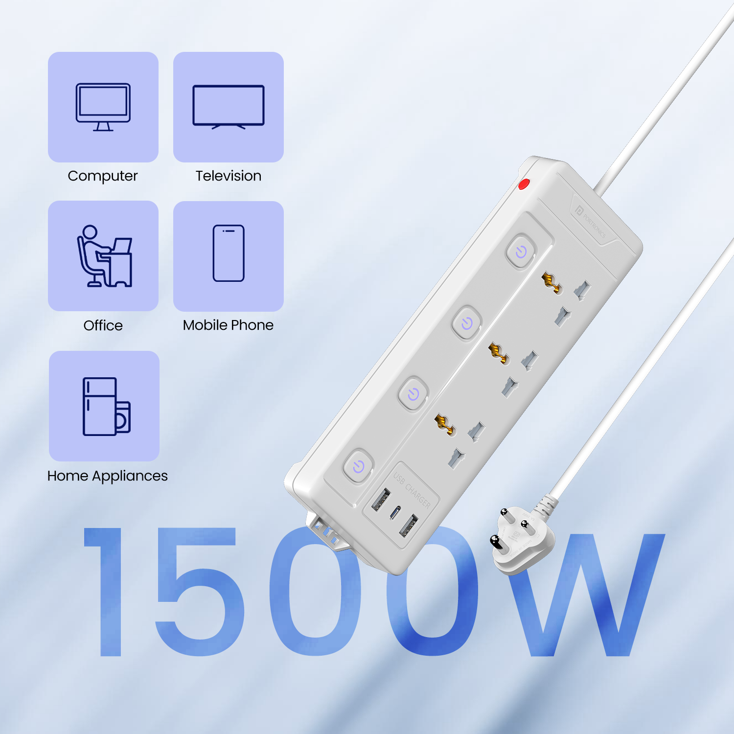 Portronics Power Plate 18 Power Extension Board with 4 individual switches| Power extension board with 1500w power delivery