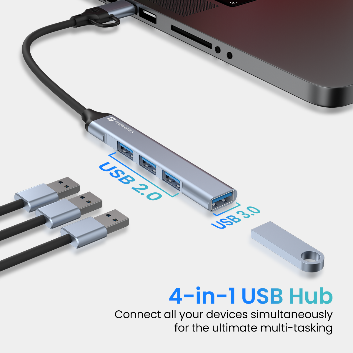 Grey Portronics Mport 31 Pro 4-in-1 USB Hub with 3.0 USB  and 2.0 Port for fast data transfer