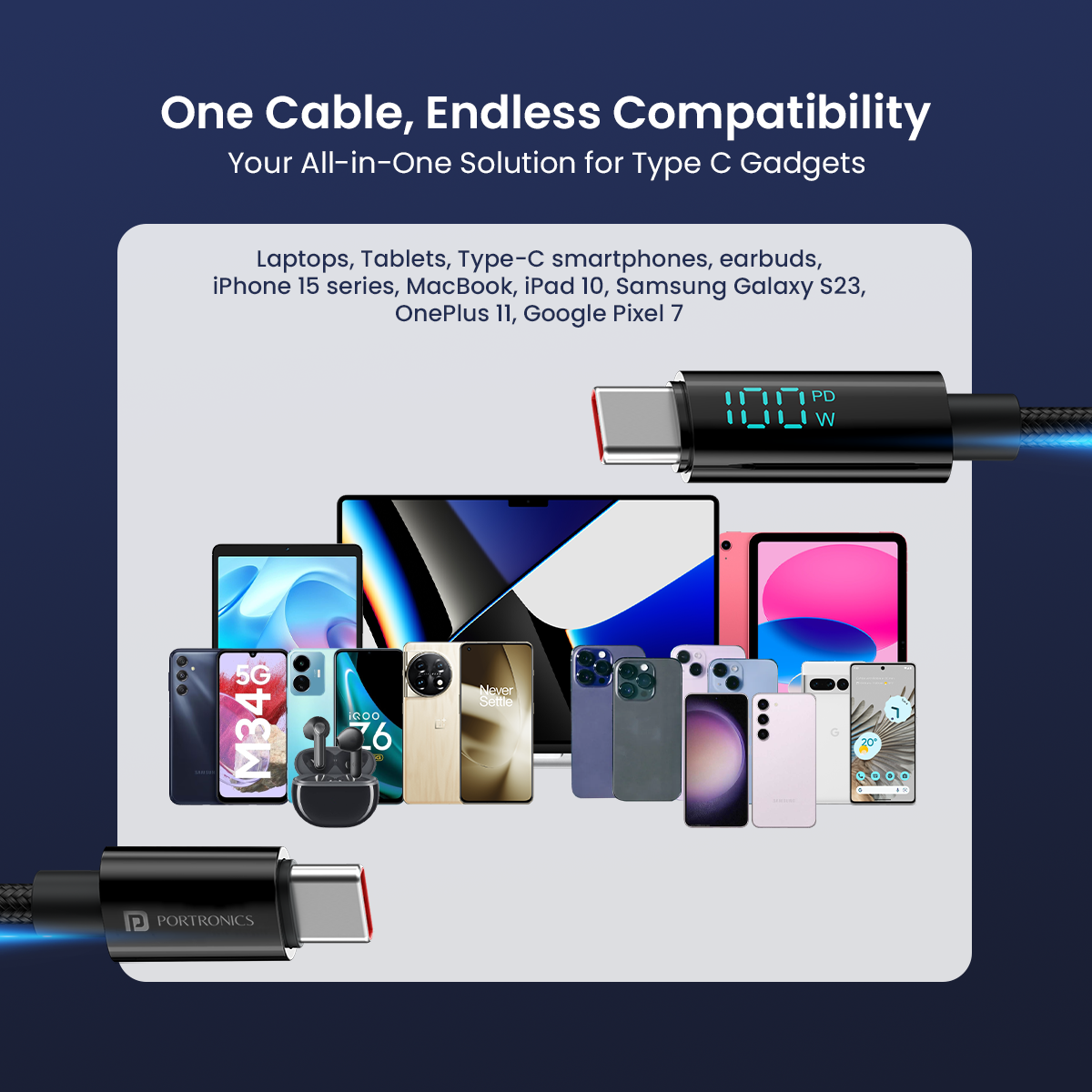 Black Portronics Konnect View 100 type c to type c pd fast charging cable with endless compatibility