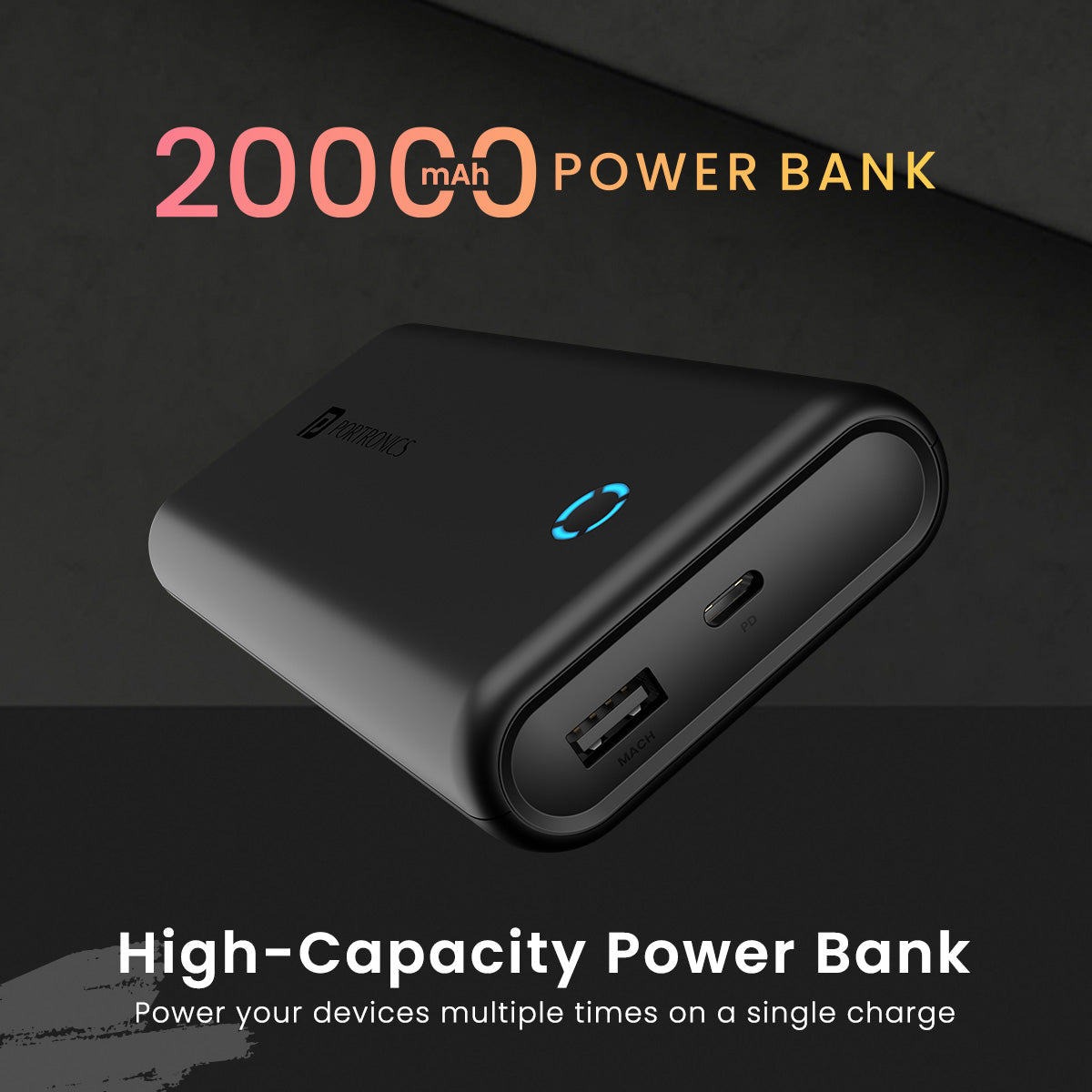 Black Portronics PowerPod 20K 20000mah pocket power bank under 2000