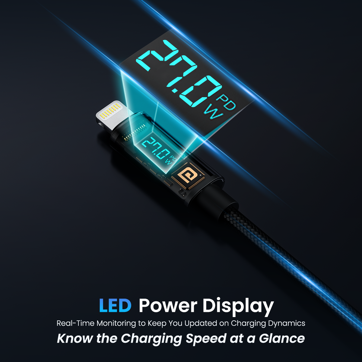 Black Portronics Konnect view 27w type c to lighting charging cable with led power display