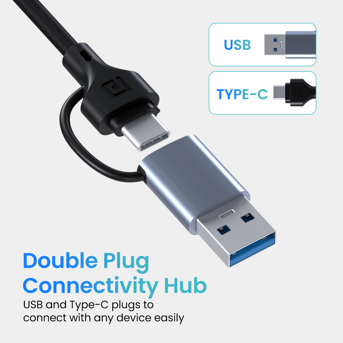 grey Portronics Mport 31 Pro 4-in-1 USB Hub with dual plug connectivity hub usb & type c 