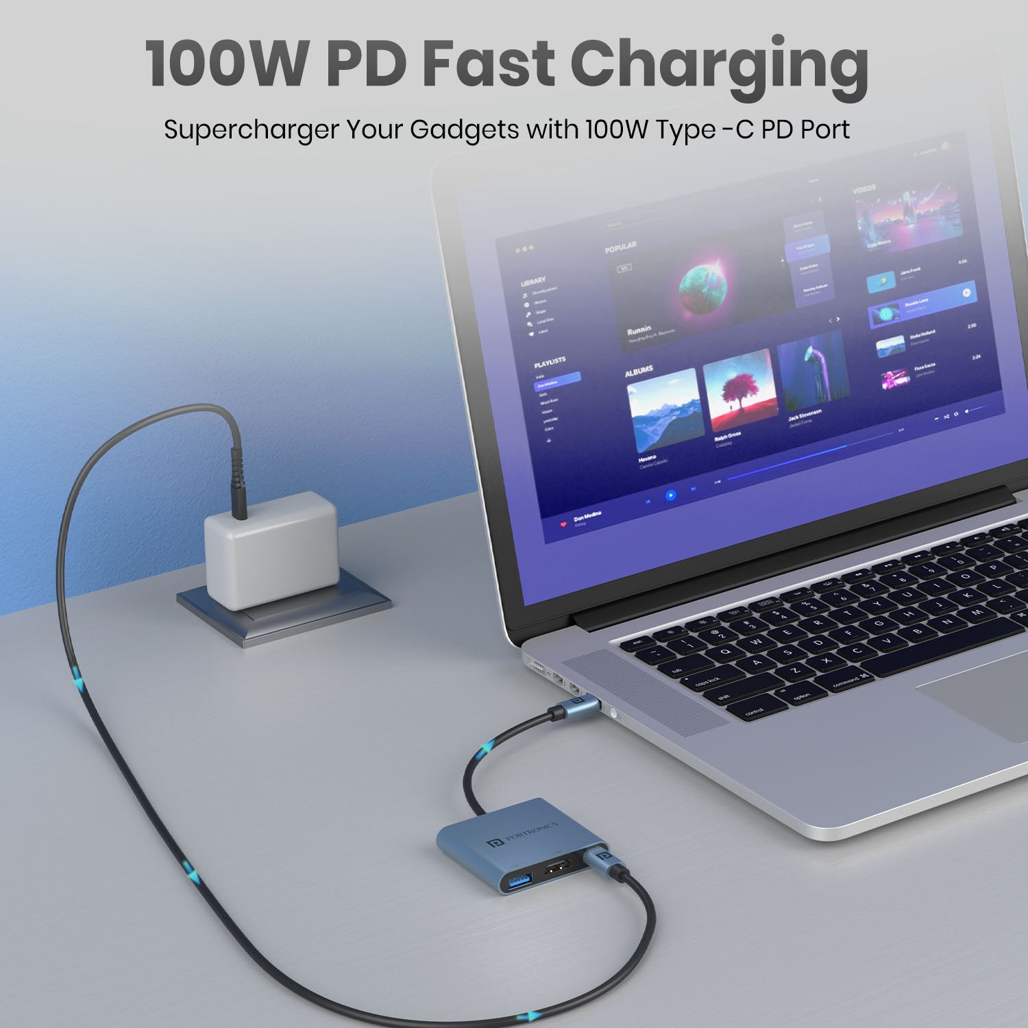 Blue Portronics C-Konnect Plus usb c hub come with 100w fast pd charging port 