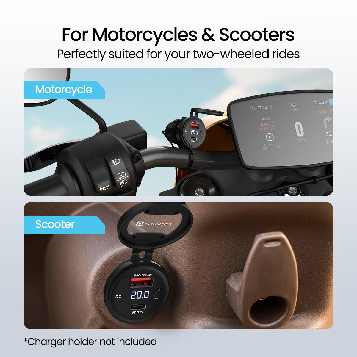 Portronics Spark 55.5w charger with dual usb port| best car accessories| best charger for motorcycle online| best charger for scooter at discount rate
